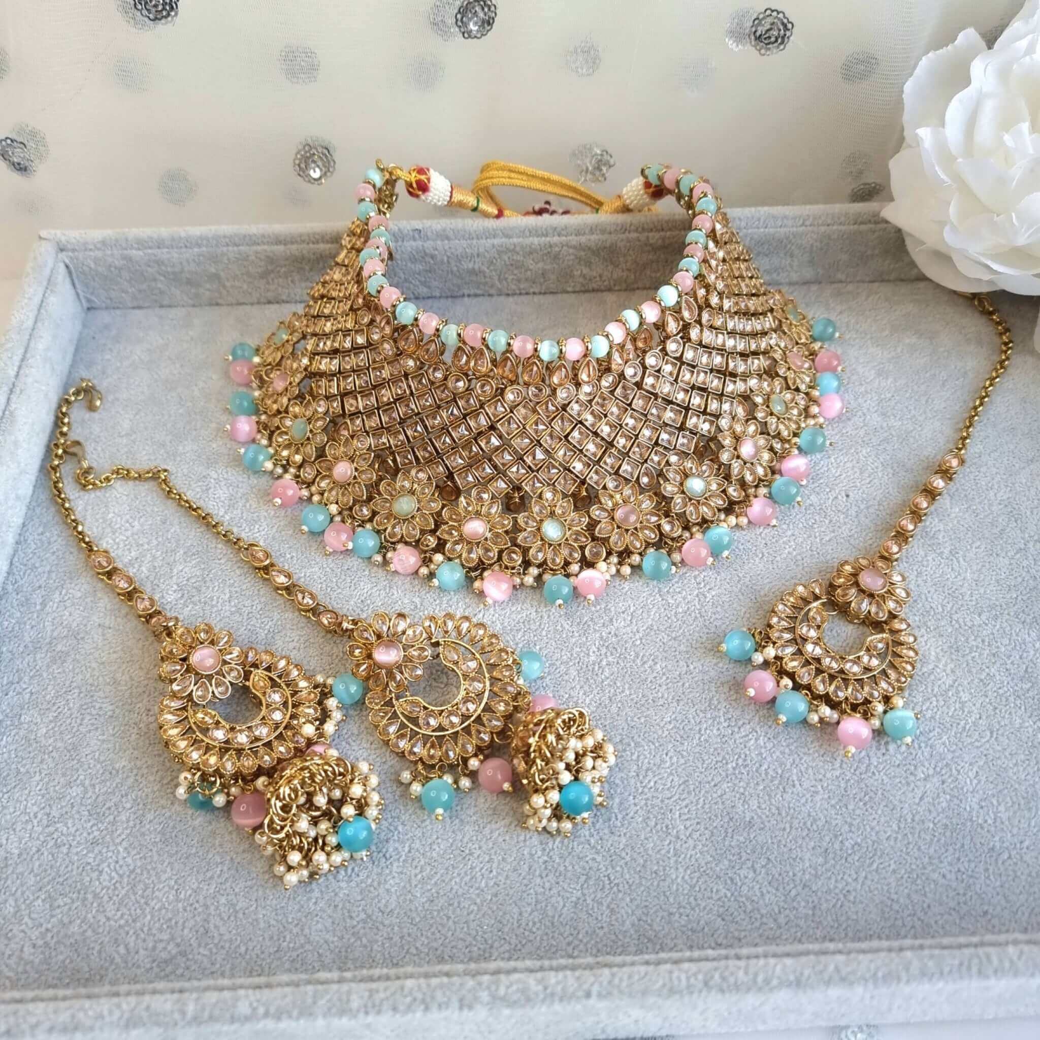 Mint Green choker Set Polki Necklace set with popular Jhumar Tikka Indian Necklace set