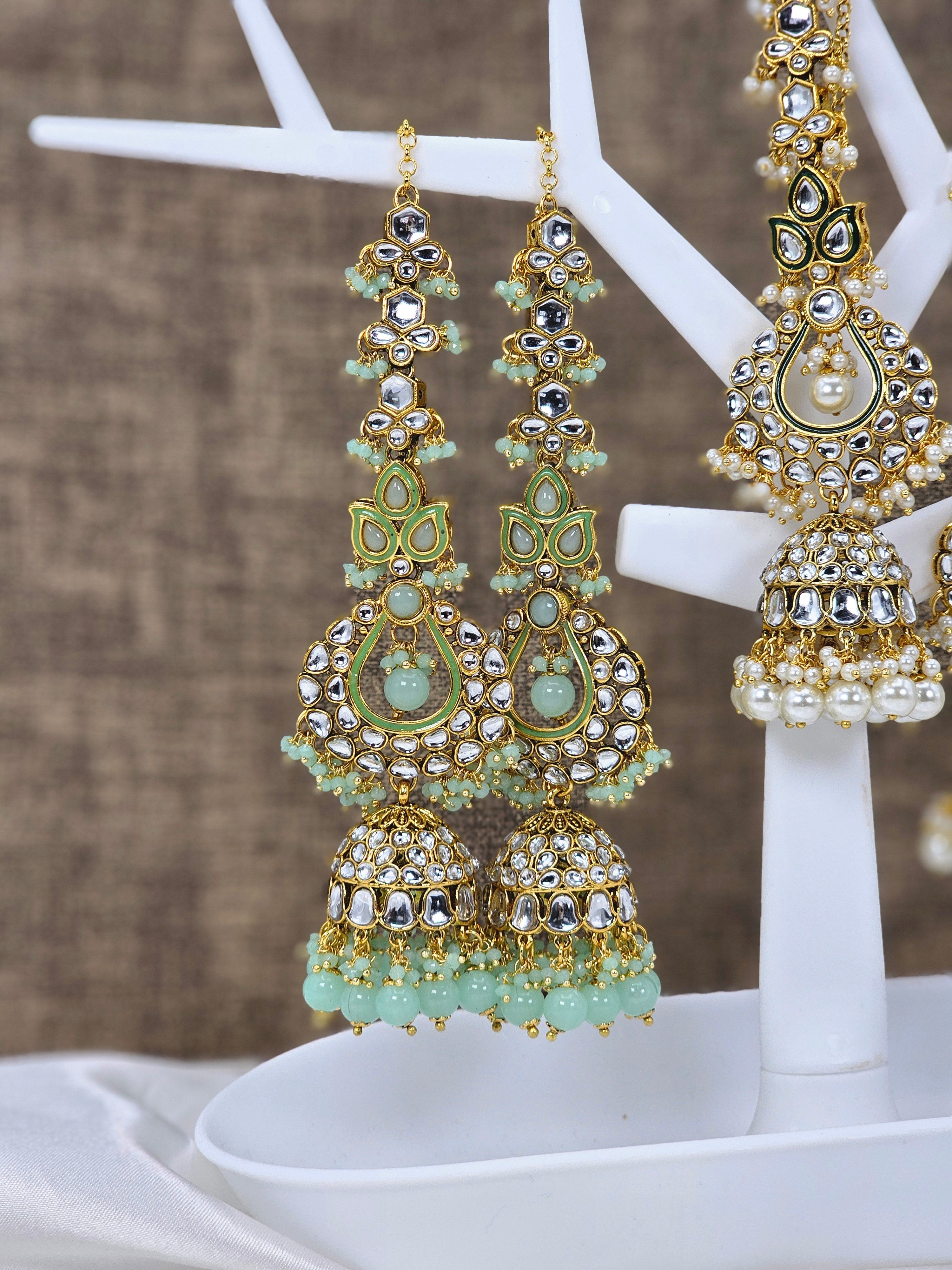 Rasha - Kundan Jhumka Earrings with Attached Earchains – Jhumki | Fancy Fab Jewels UK