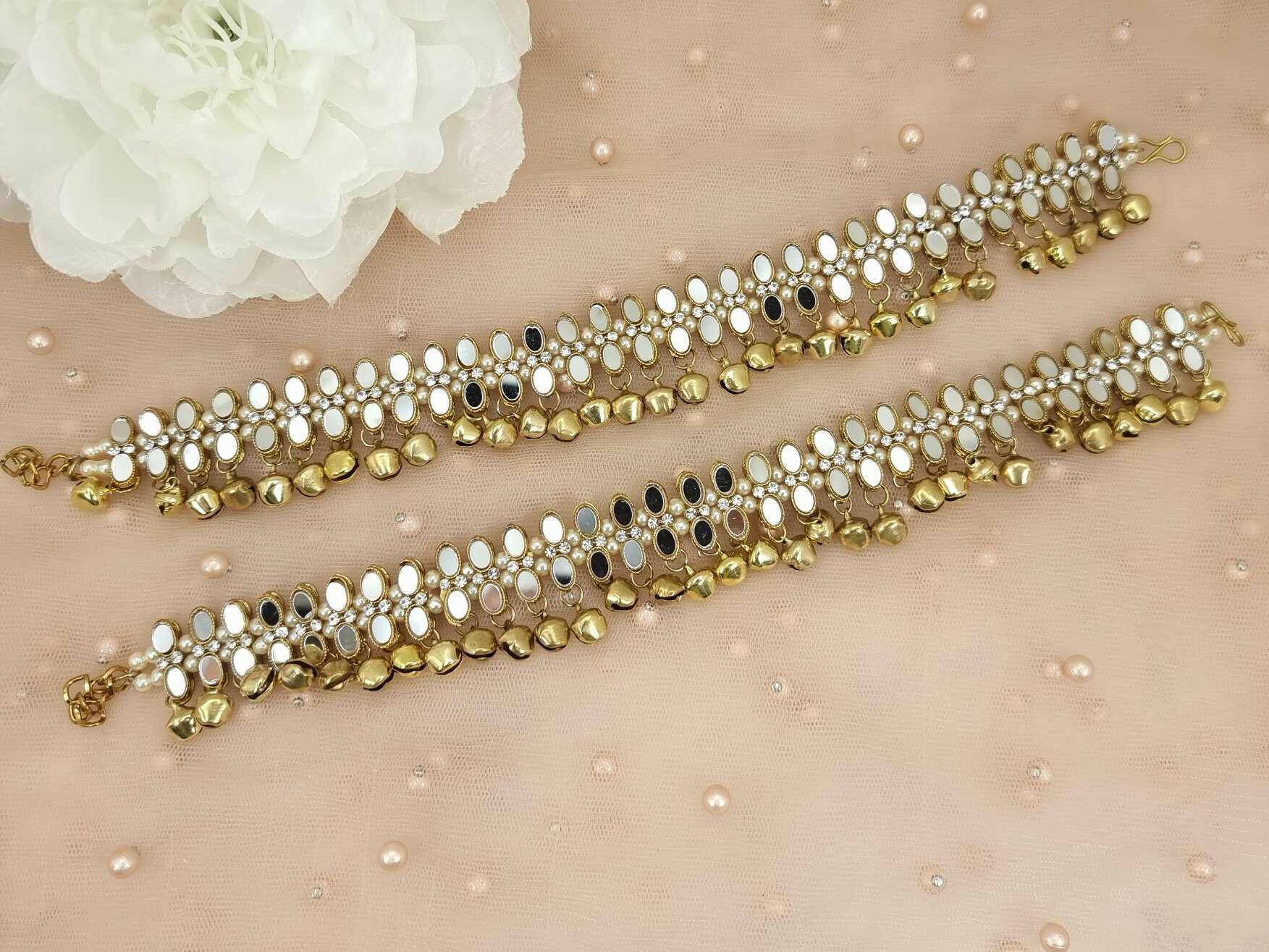 Suhani - Antique Gold Mirrored and pearl Anklet With Bell – Anklet | Fancy Fab Jewels UK