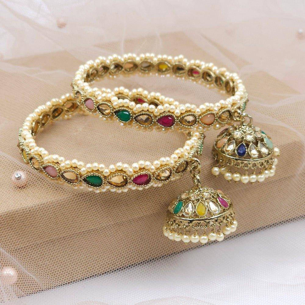 Antique Gold Polki Jhumka Drop Bangles Multicolor – bangles | Fancy Fab Jewels UK