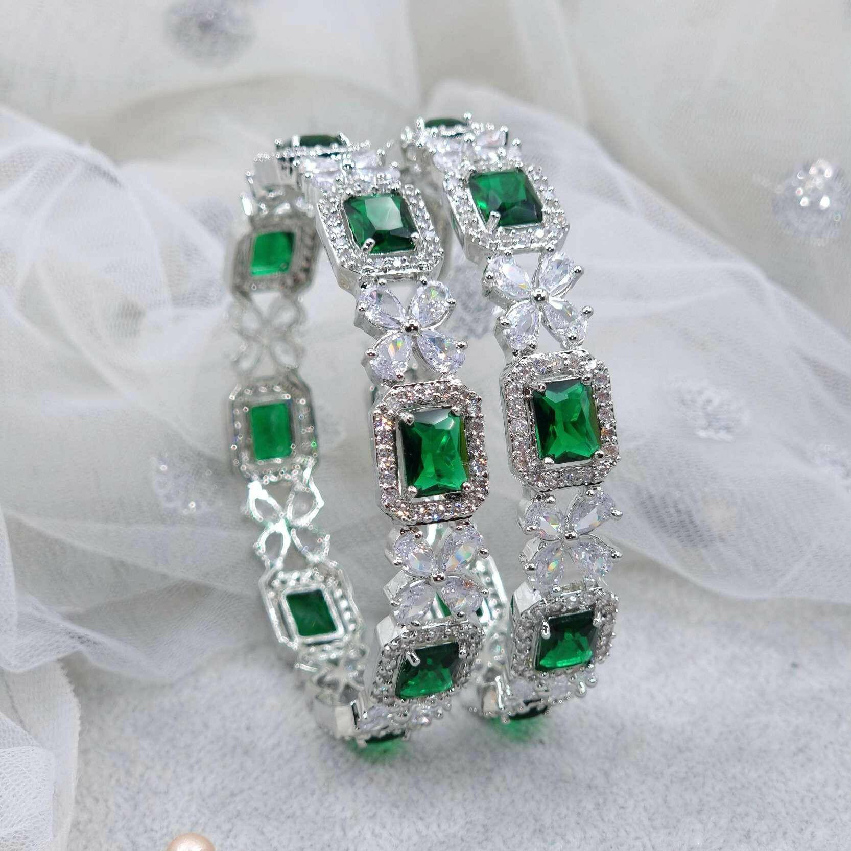 Silver American Diamond Bangles Green Emerald – Bangles | Fancy Fab Jewels UK
