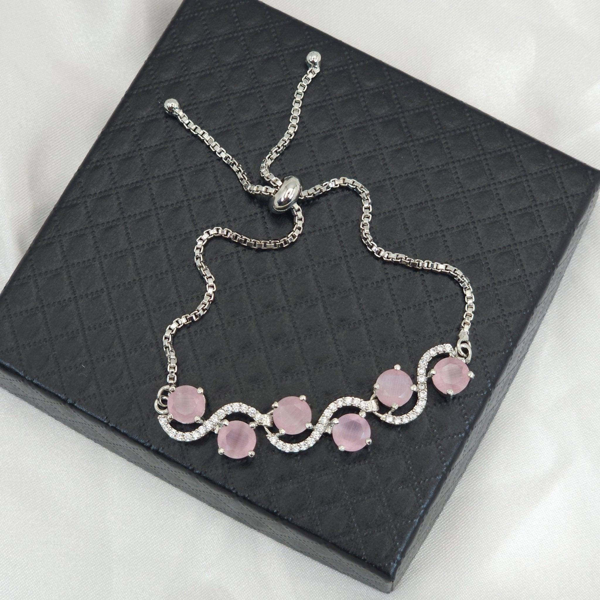 Eena Adjustable Silver Pink Chain Bracelet – Bangles | Fancy Fab Jewels UK