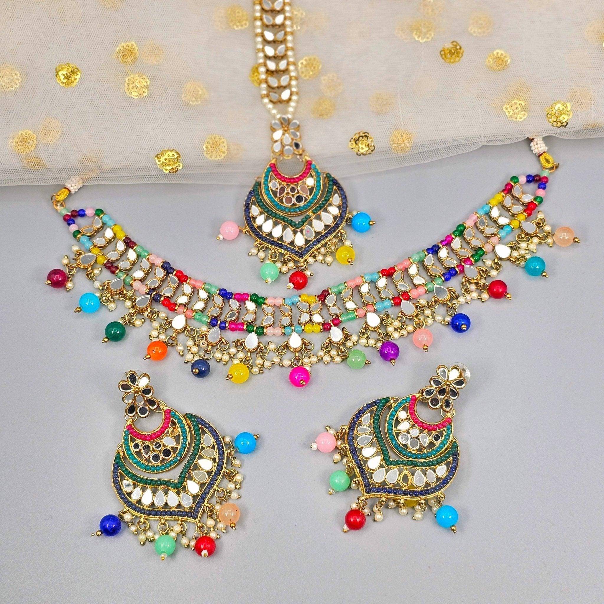 Priya Multicolor Mirror Choker Necklace Set - Gold – choker | Fancy Fab Jewels UK