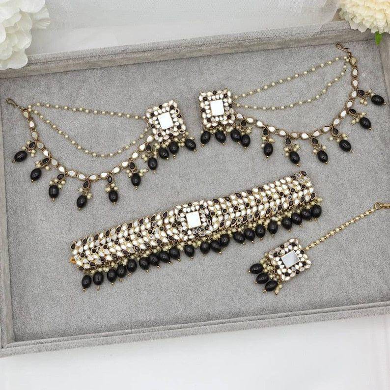 Sara Antique Gold Mirror Choker Necklace Set - Black – choker | Fancy Fab Jewels UK