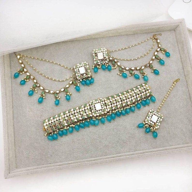 Sara Antique Gold Mirror Choker Necklace Set - Blue – choker | Fancy Fab Jewels UK