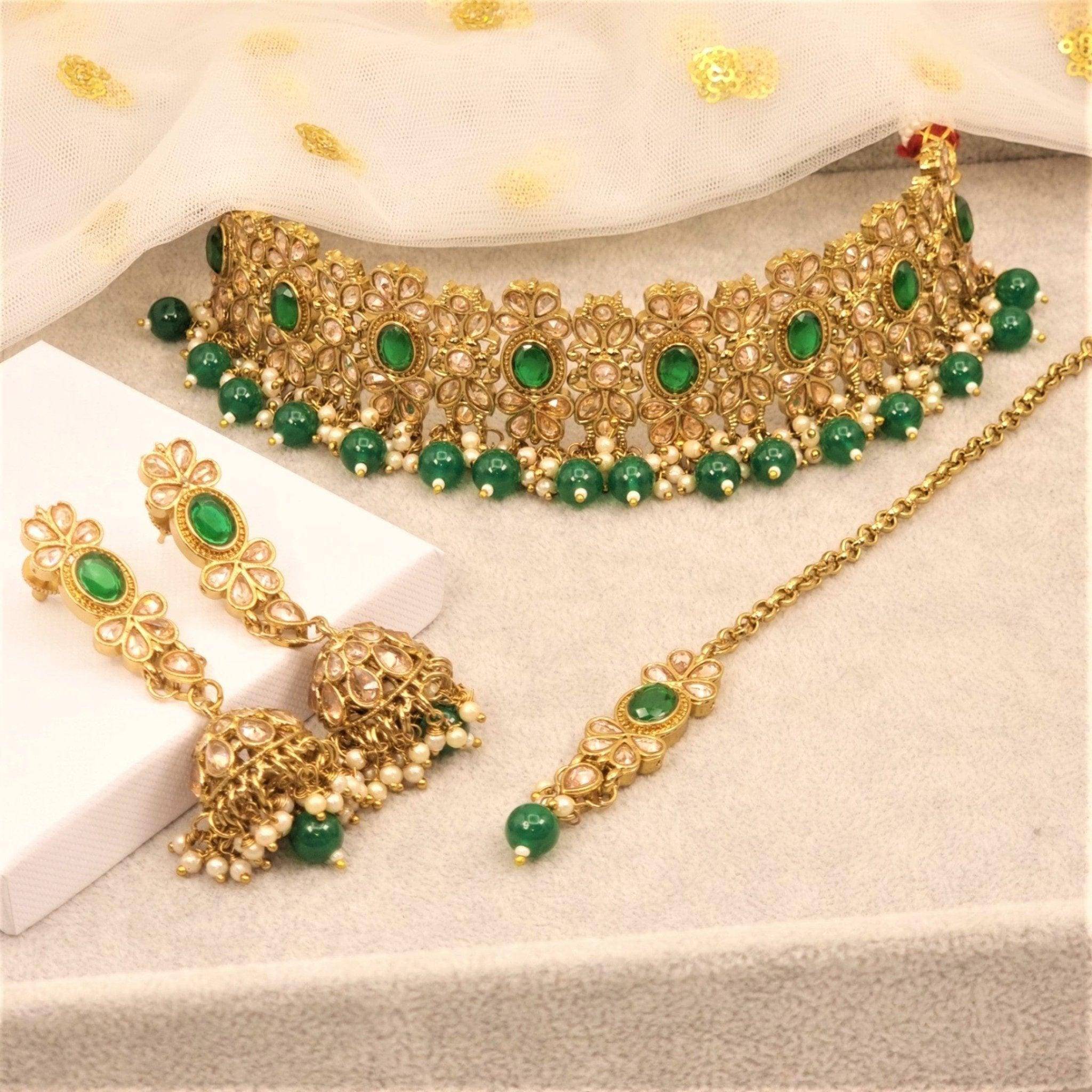 Husna Antique Gold Polki Choker Set - Green – choker necklace | Fancy Fab Jewels UK