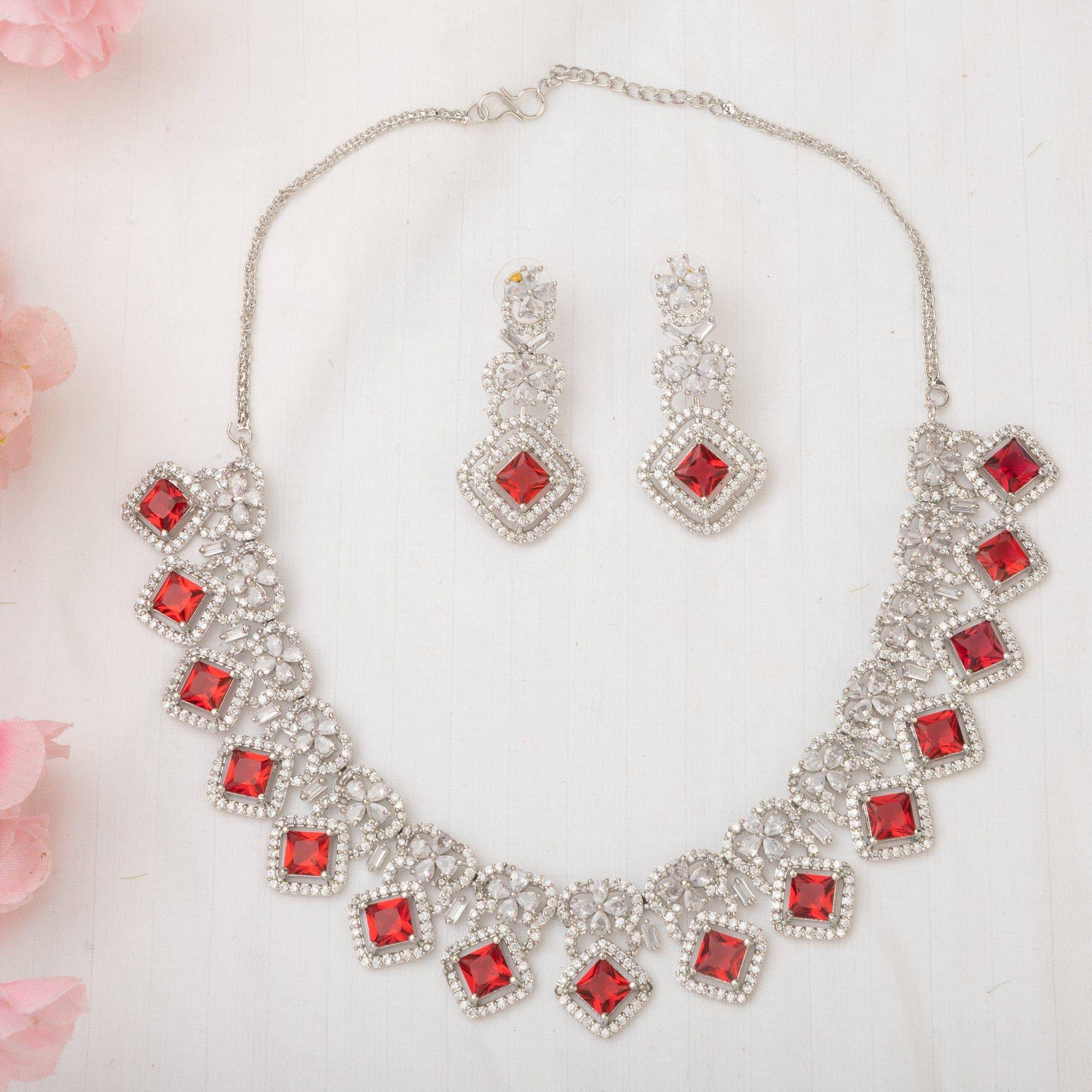 Mina - Silver Ruby American Diamond CZ Necklace set – choker necklace | Fancy Fab Jewels UK