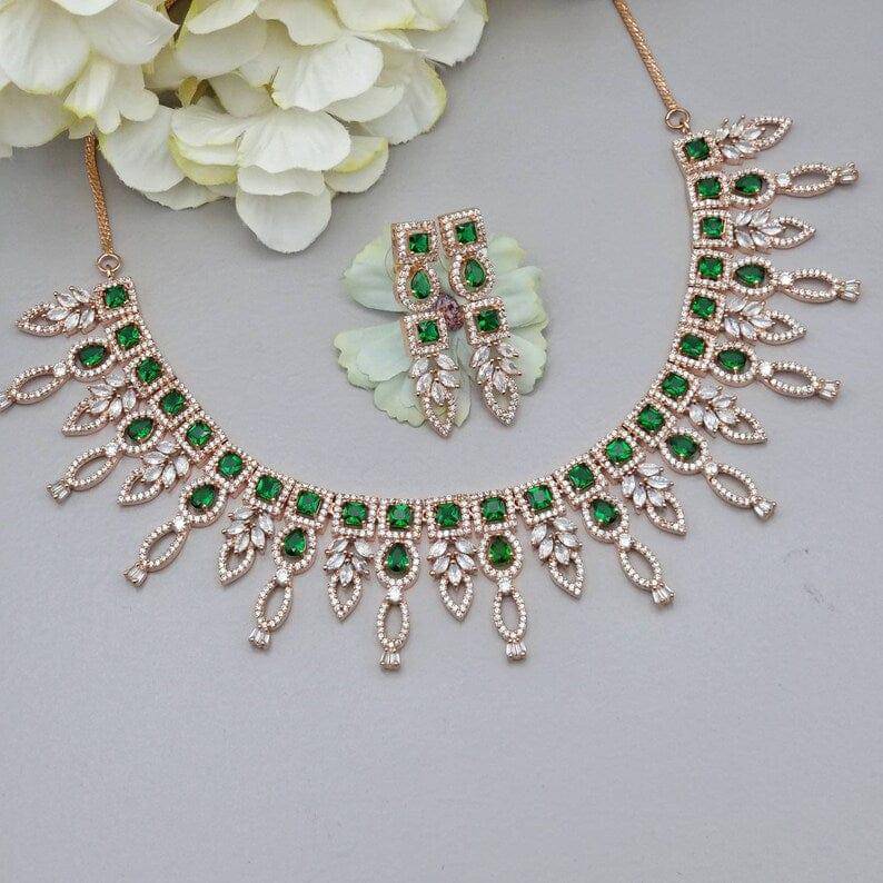 Ruma Rose Gold Emerald Green American Diamond CZ Necklace Set – choker necklace | Fancy Fab Jewels UK