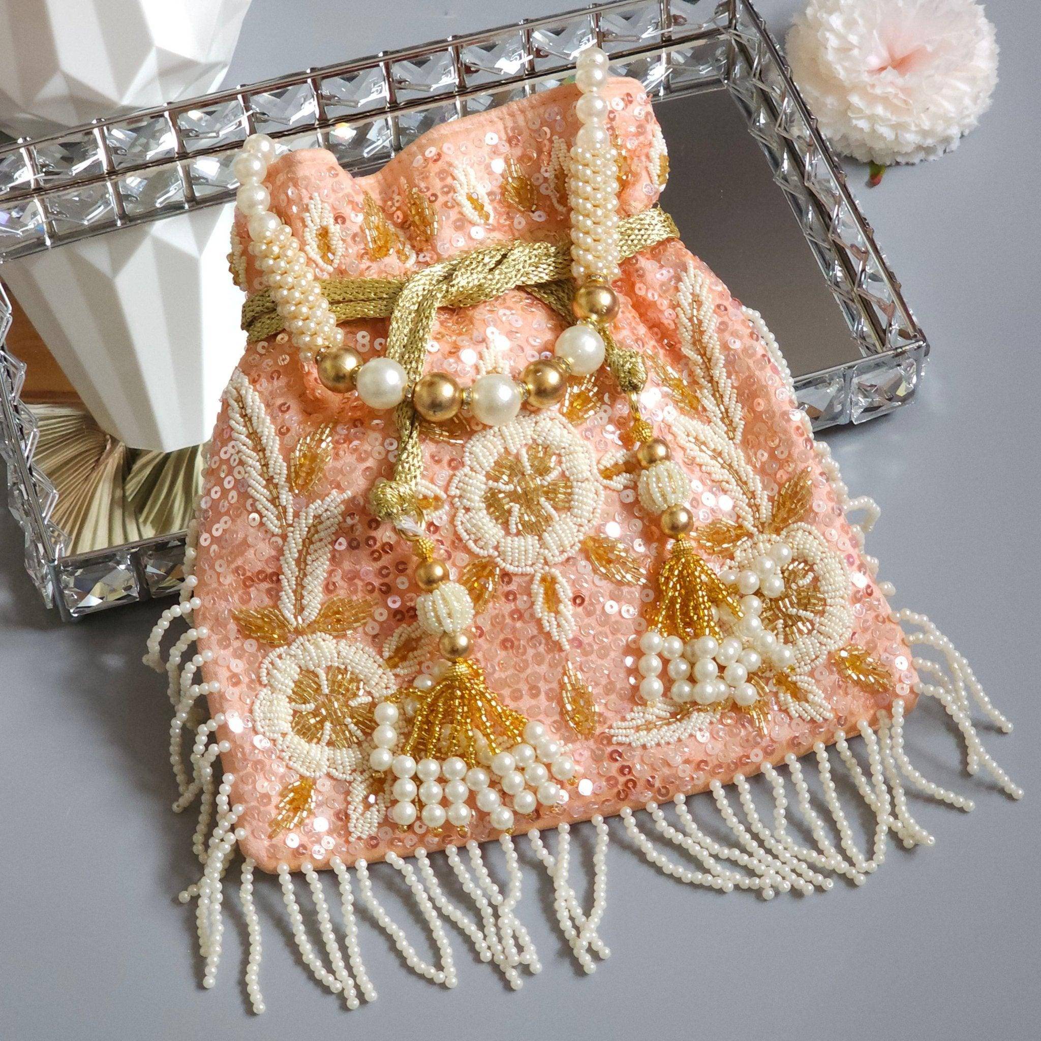 Anna Luxury Potli Bag Peach – Clutch bag | Fancy Fab Jewels UK