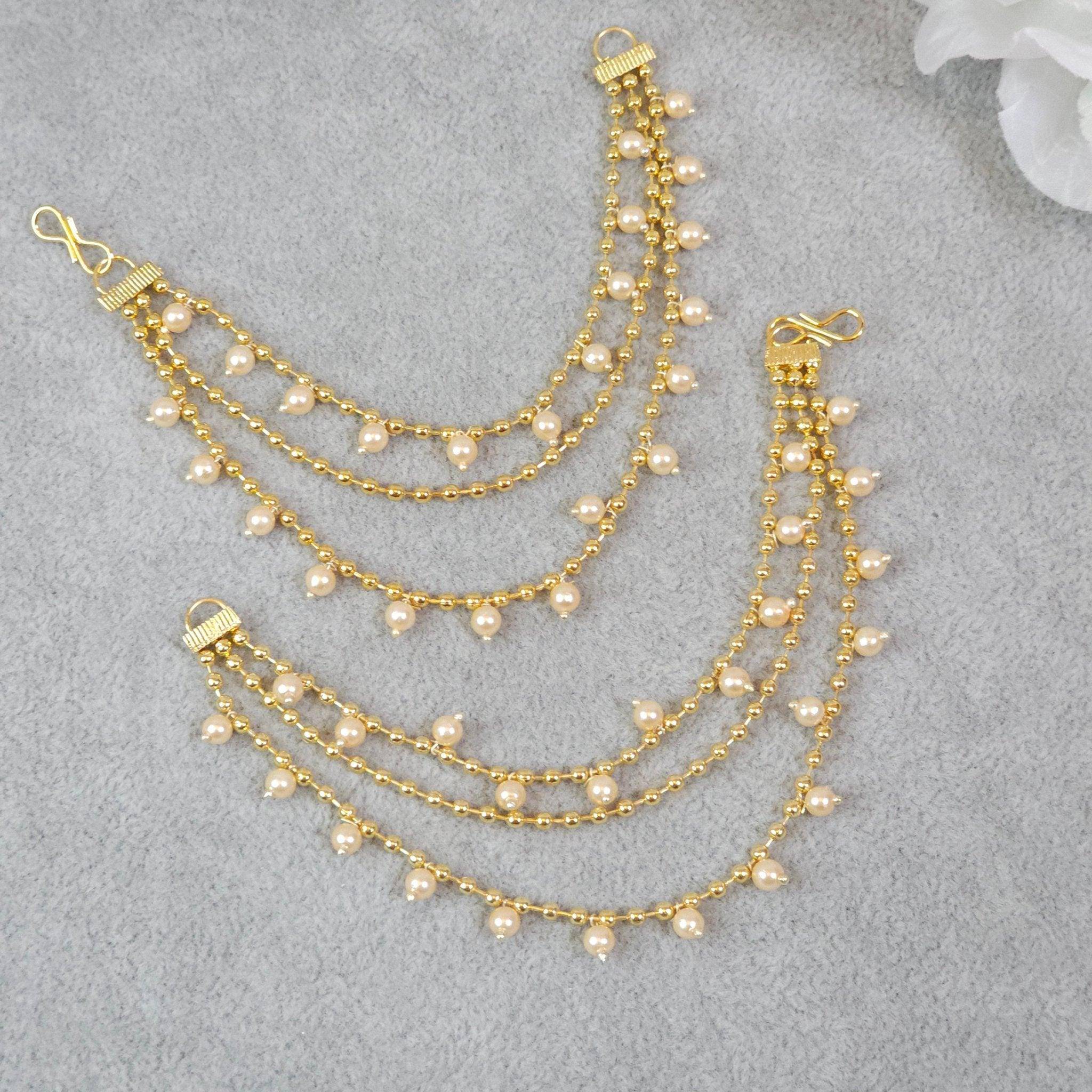 Bahubali Polki and Pearl Earring Chains/Earchain – Ear Chain | Fancy Fab Jewels UK