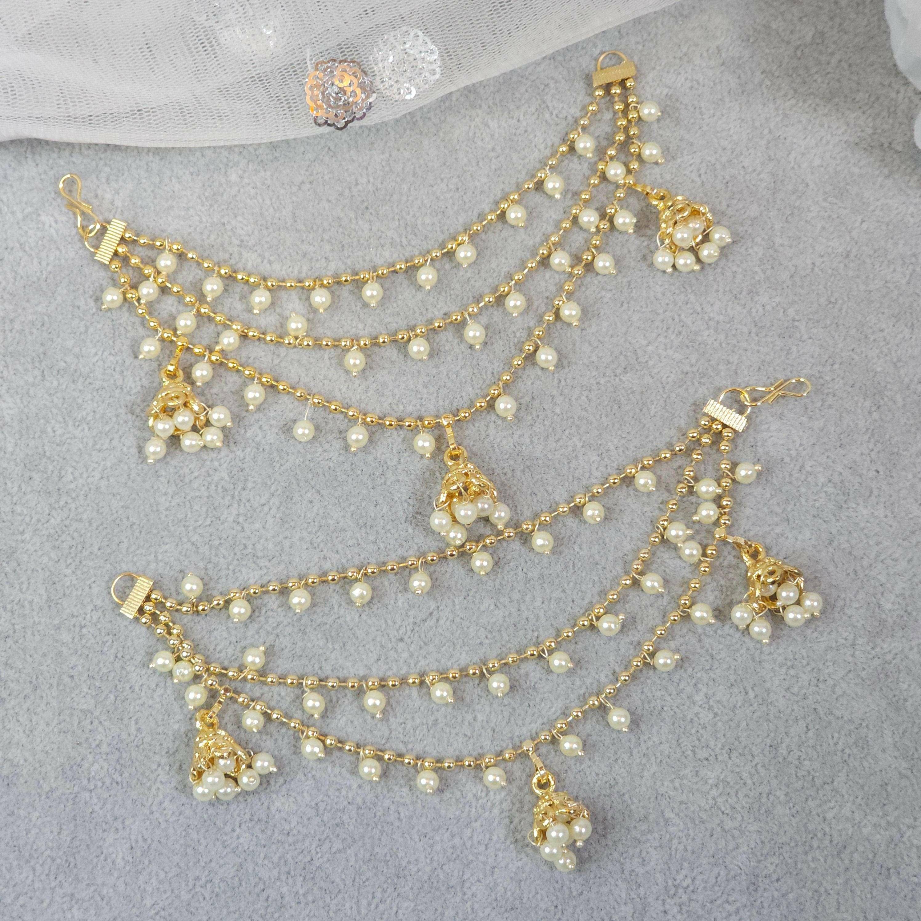 Vedika - Bahubali Polki and Pearl Earring Chains/Earchain – Ear Chain | Fancy Fab Jewels UK