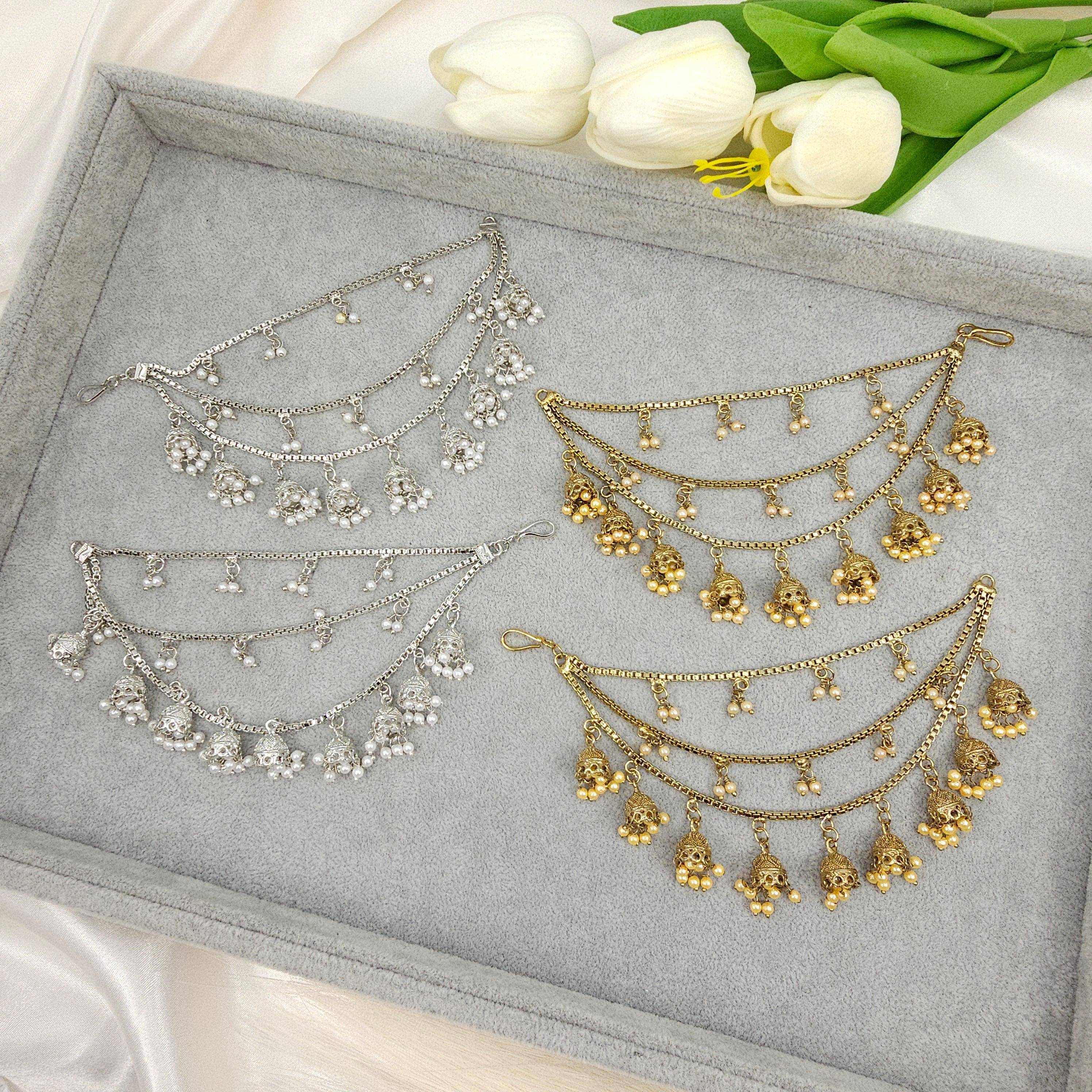Sona - Jhumka detailed Polki and Pearl Earring Chains – Ear Chain | Fancy Fab Jewels UK