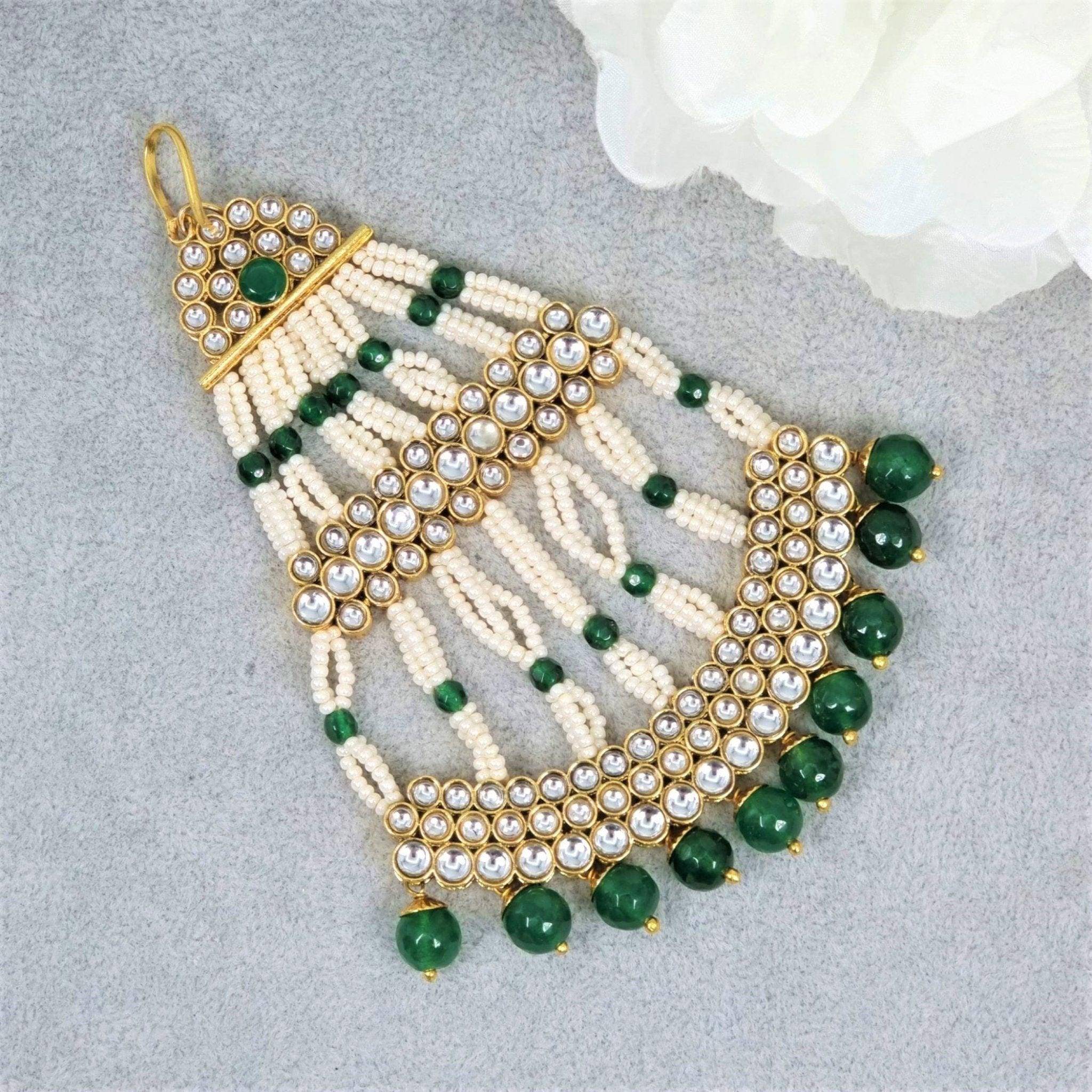 Kundan Pearl Bridal Passa Jhoomar - Green – Jhumar | Fancy Fab Jewels UK