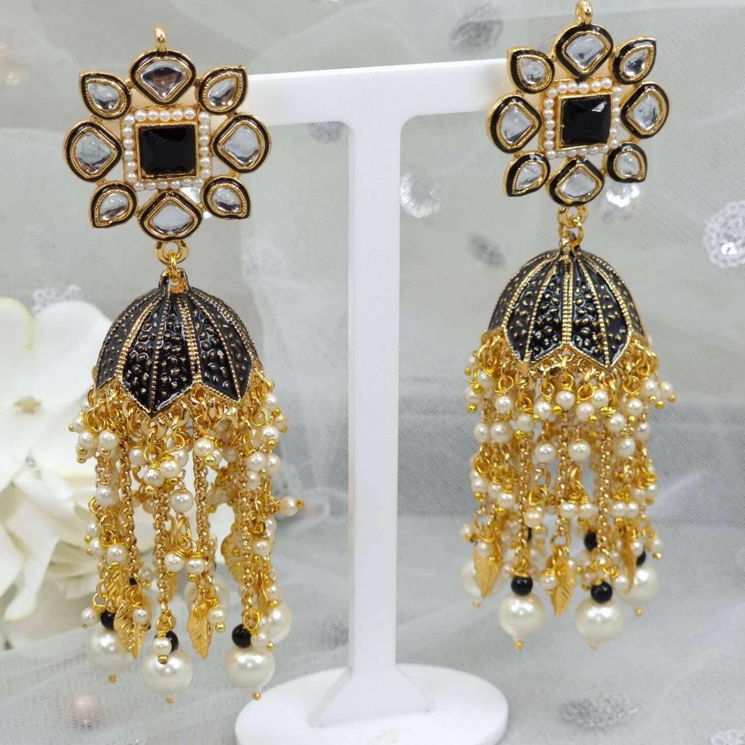 Veena Kundan Painted Statement Jhumka Earrings – Jhumki | Fancy Fab Jewels UK