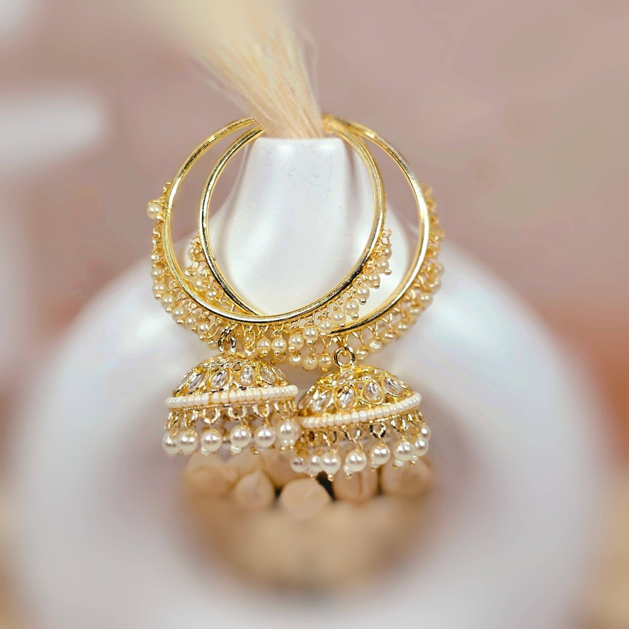 Jia - Stunning White Kundan Gold Plated Hoop Jhumka Earrings – Jhumki | Fancy Fab Jewels UK