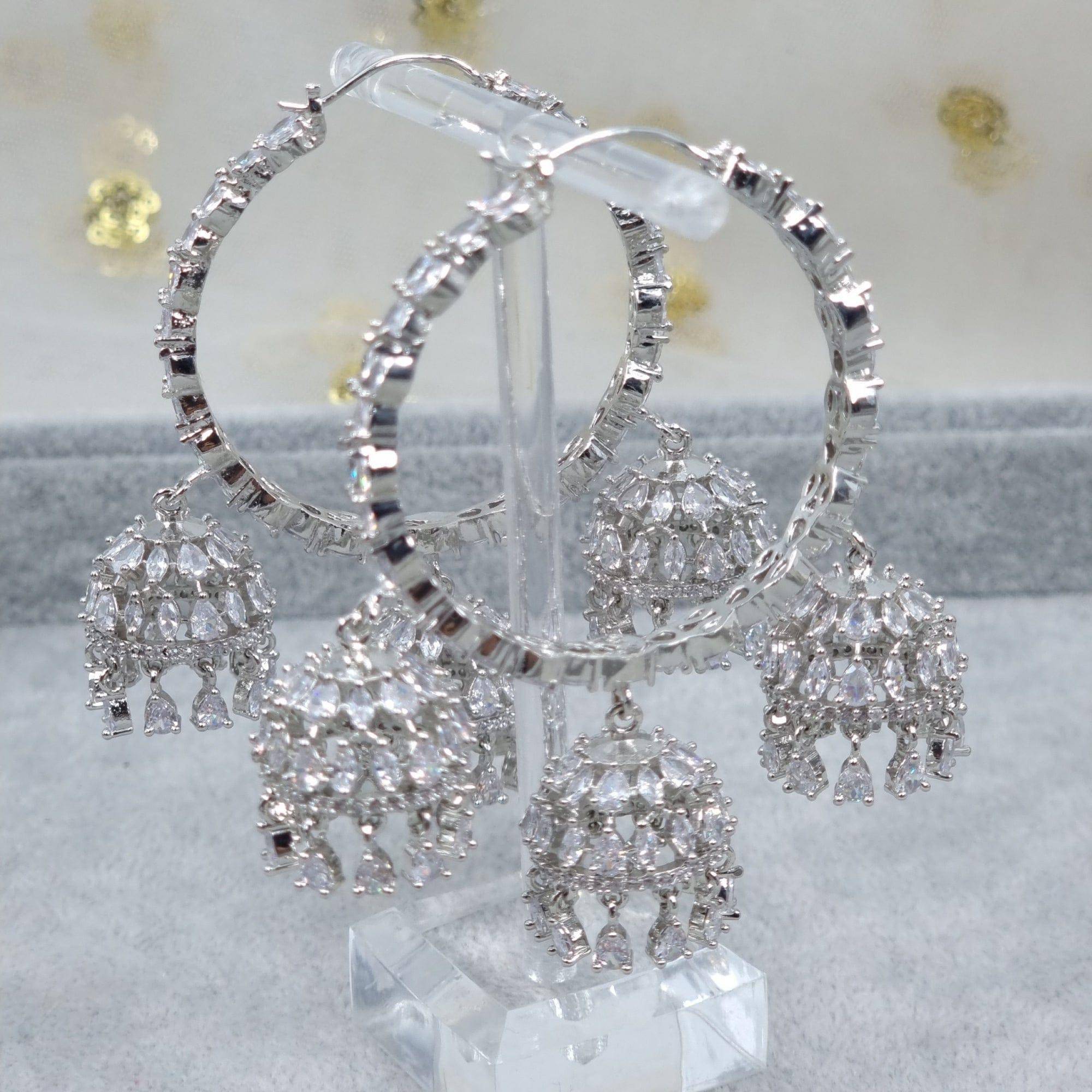 KANVAL Hoop triple drop AD Jhumki Earrings Silver – Jhumki | Fancy Fab Jewels UK