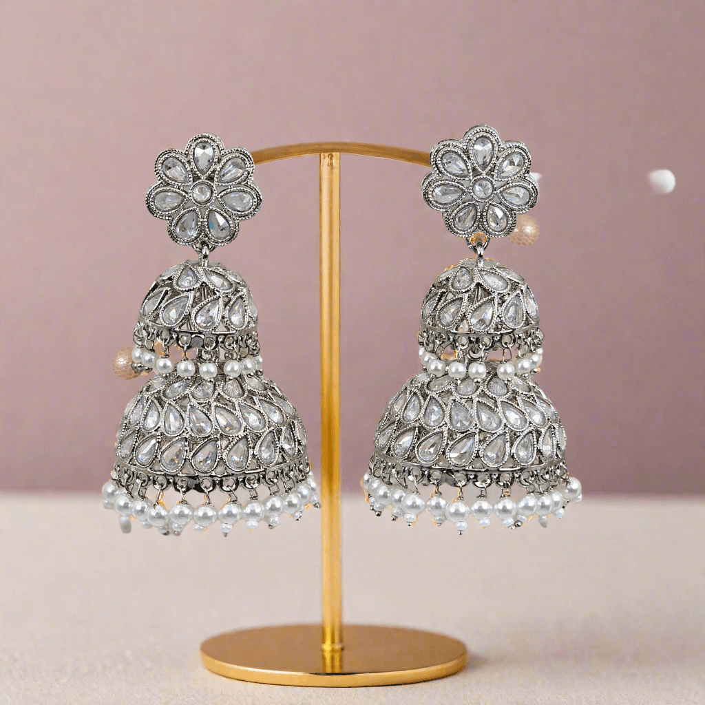 Maira Stunning Silver-Plated Polki Jhumka Earrings with colourfull Accents – Jhumki | Fancy Fab Jewels UK
