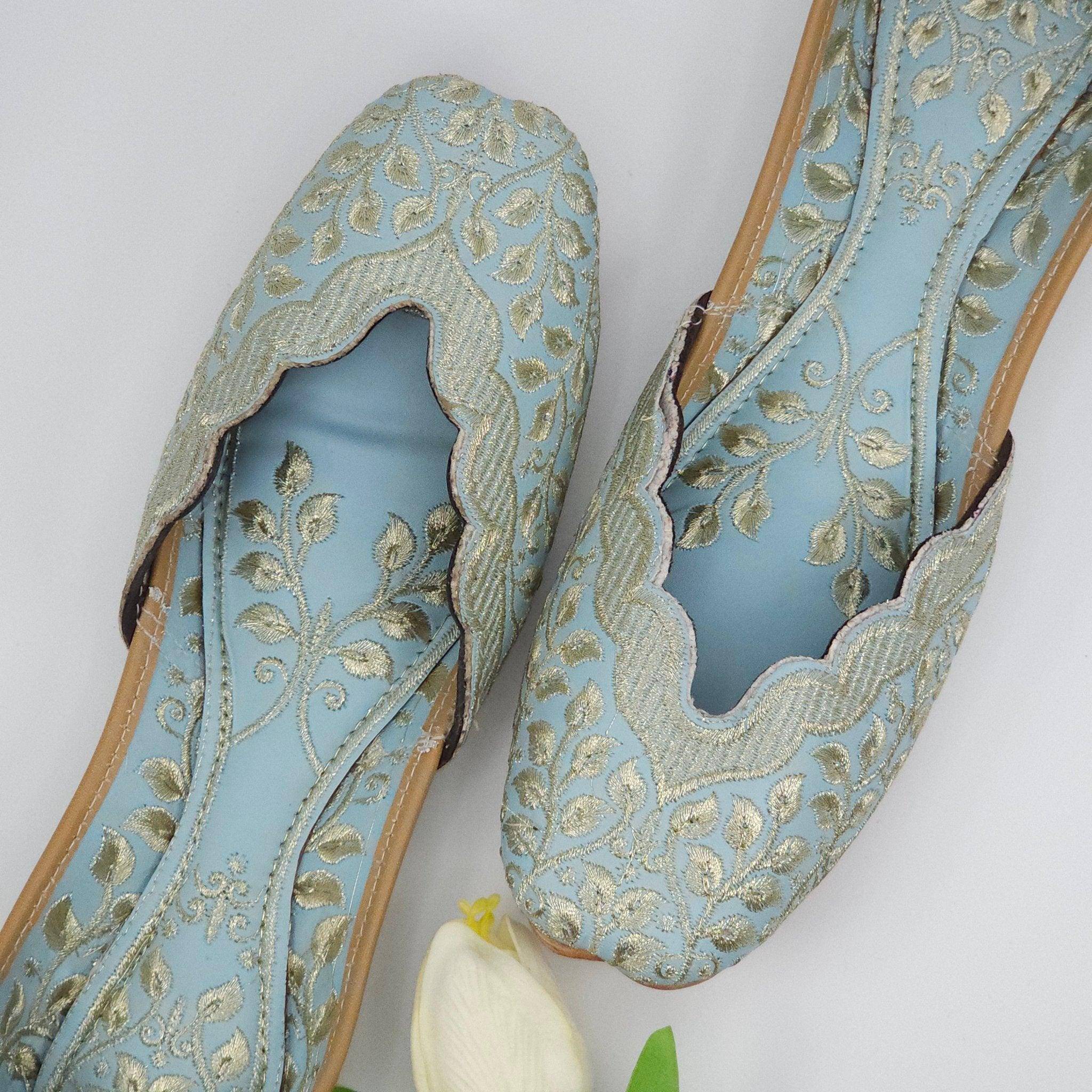Light Blue Double Cushion Zari Work Handcrafted Jutti – Jutti | Fancy Fab Jewels UK