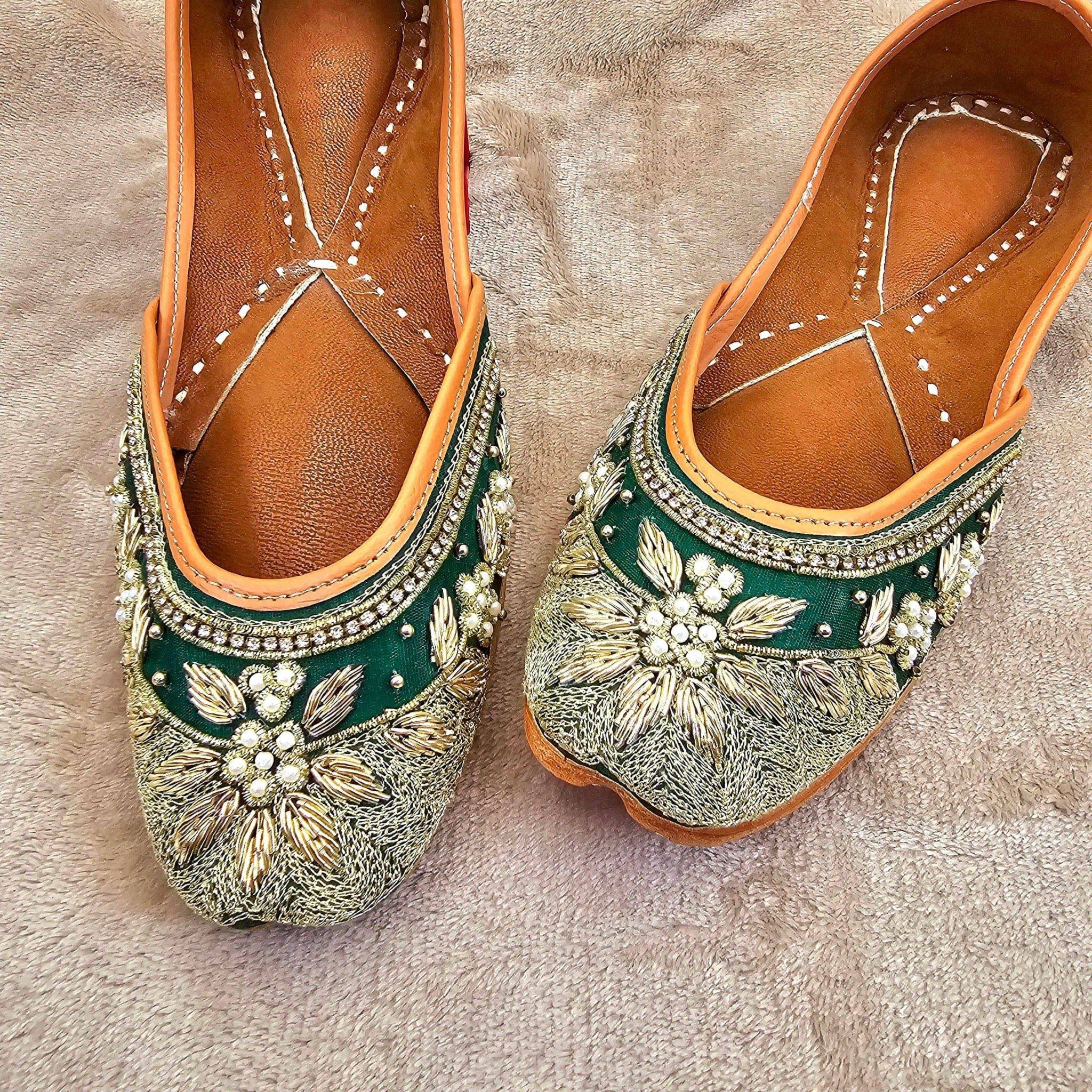 Radhika Green Gold Pearl and seqine Zardozi – Jutti | Fancy Fab Jewels UK