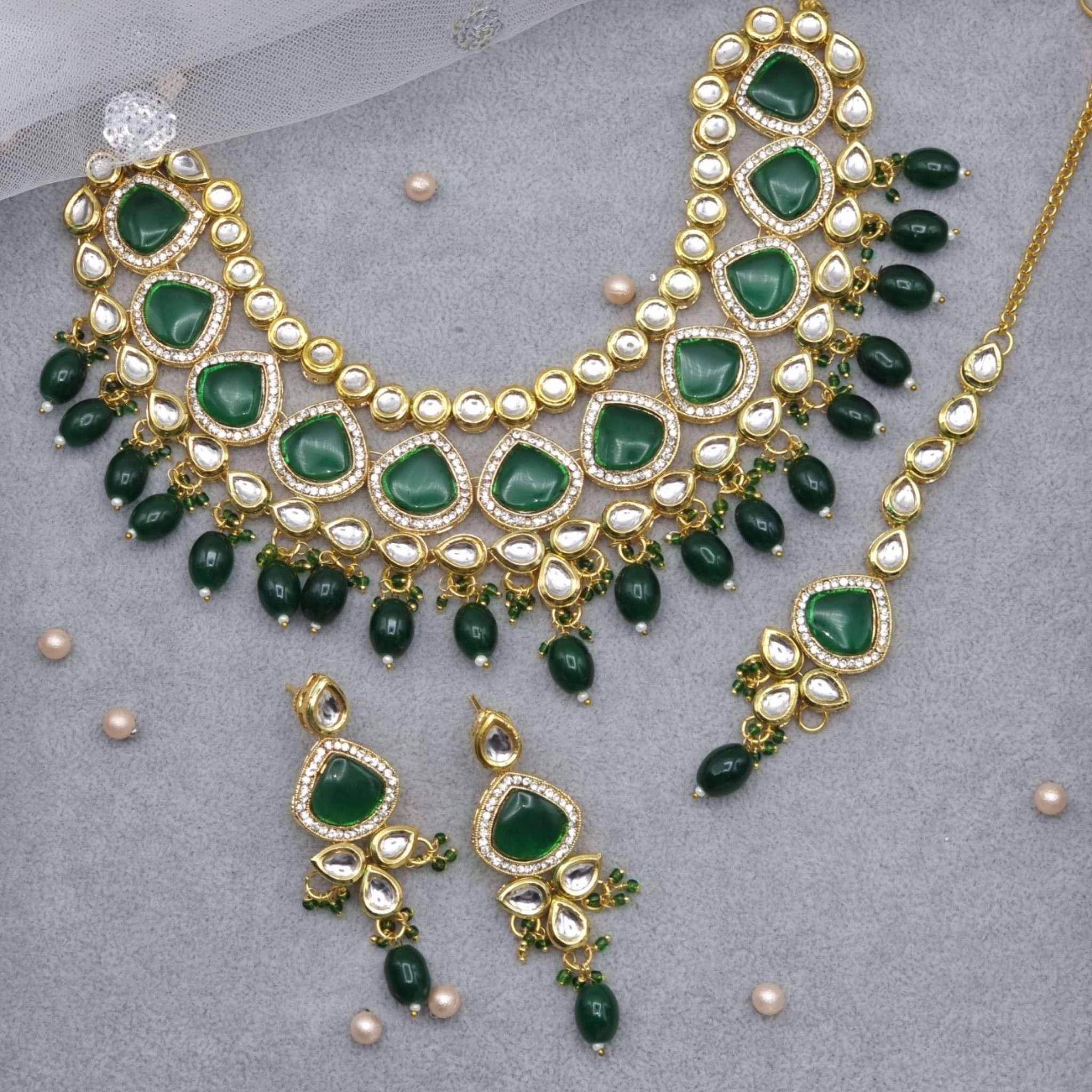 Anmol - Kundan Bridal Indian Necklace Set Green – Kundan Necklace | Fancy Fab Jewels UK