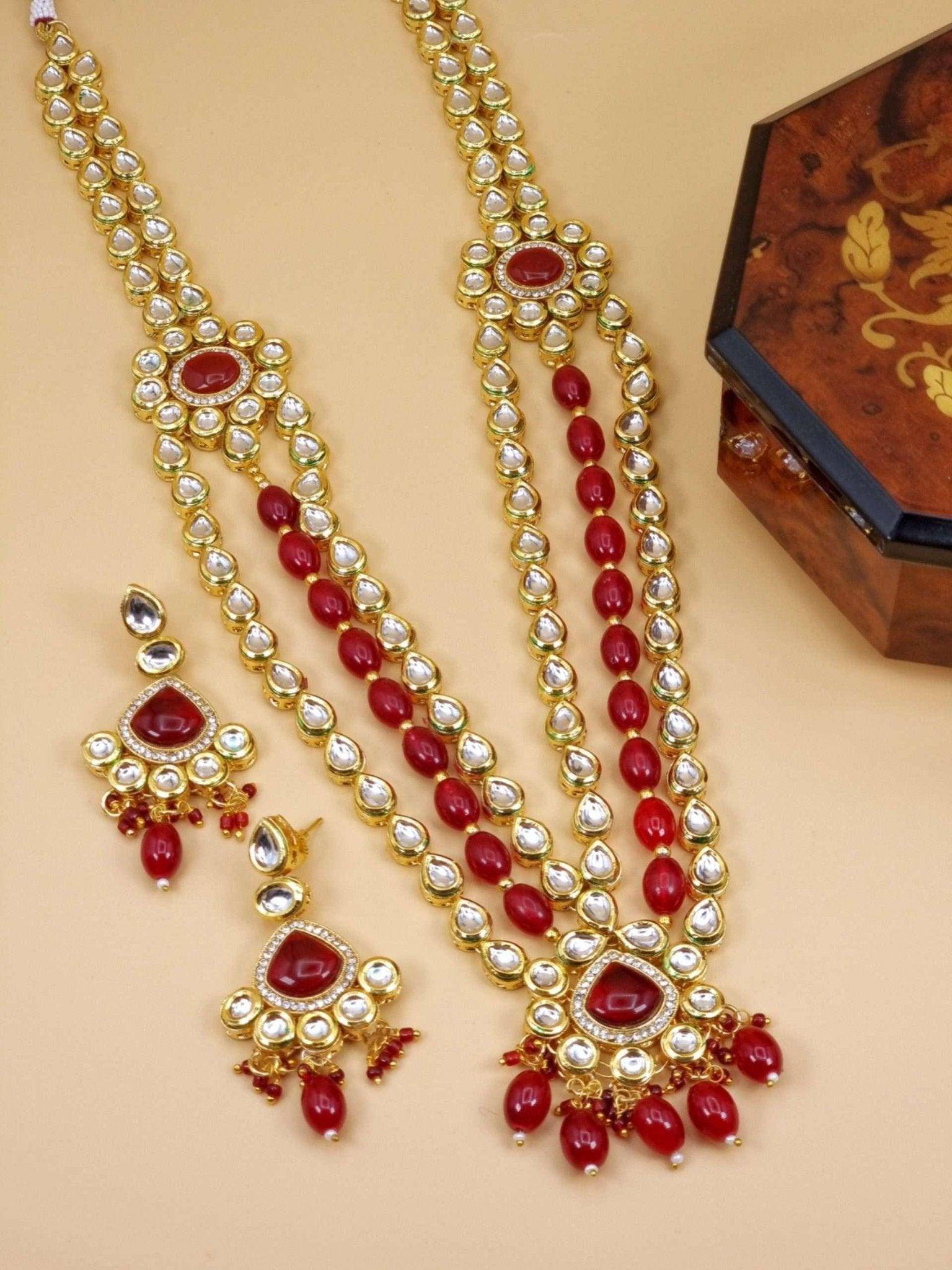 Amina Kundan Mala Set Deep Red – long necklace | Fancy Fab Jewels UK