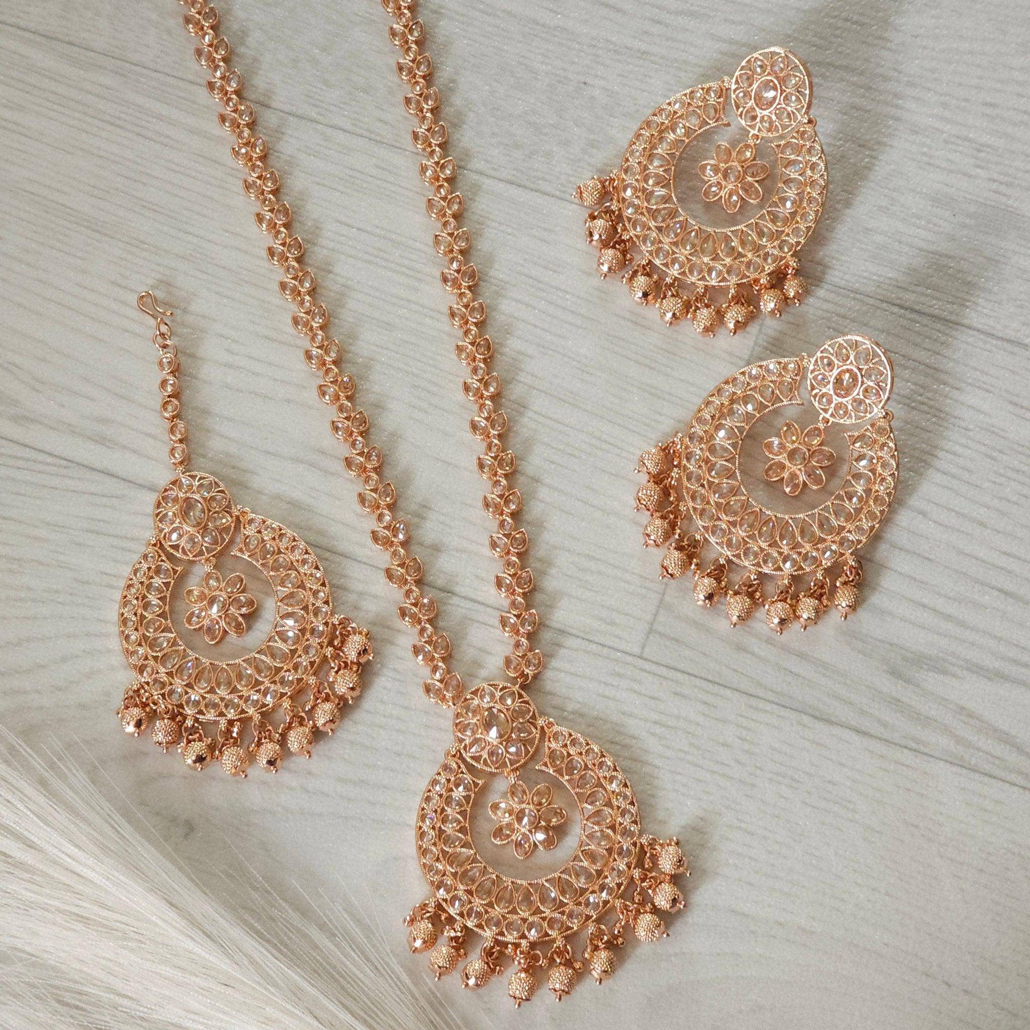 Mahira Polki Rani Haar Set - Rose Gold – long necklace | Fancy Fab Jewels UK