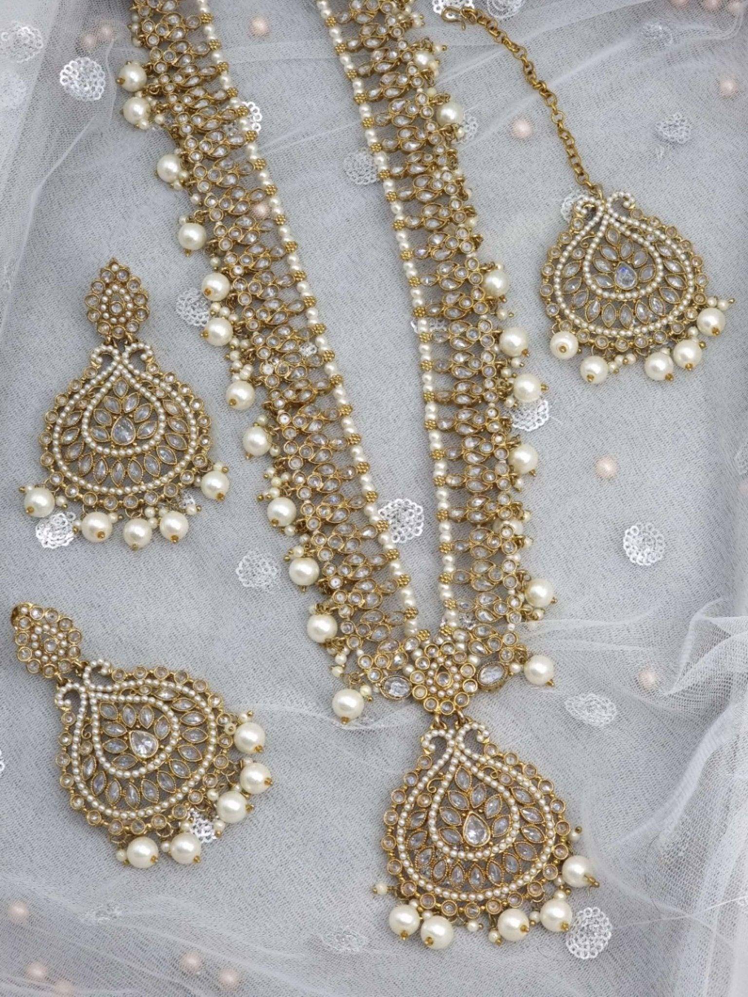 Manaya Antique Gold Polki Mala Necklace Set Clear – long necklace | Fancy Fab Jewels UK