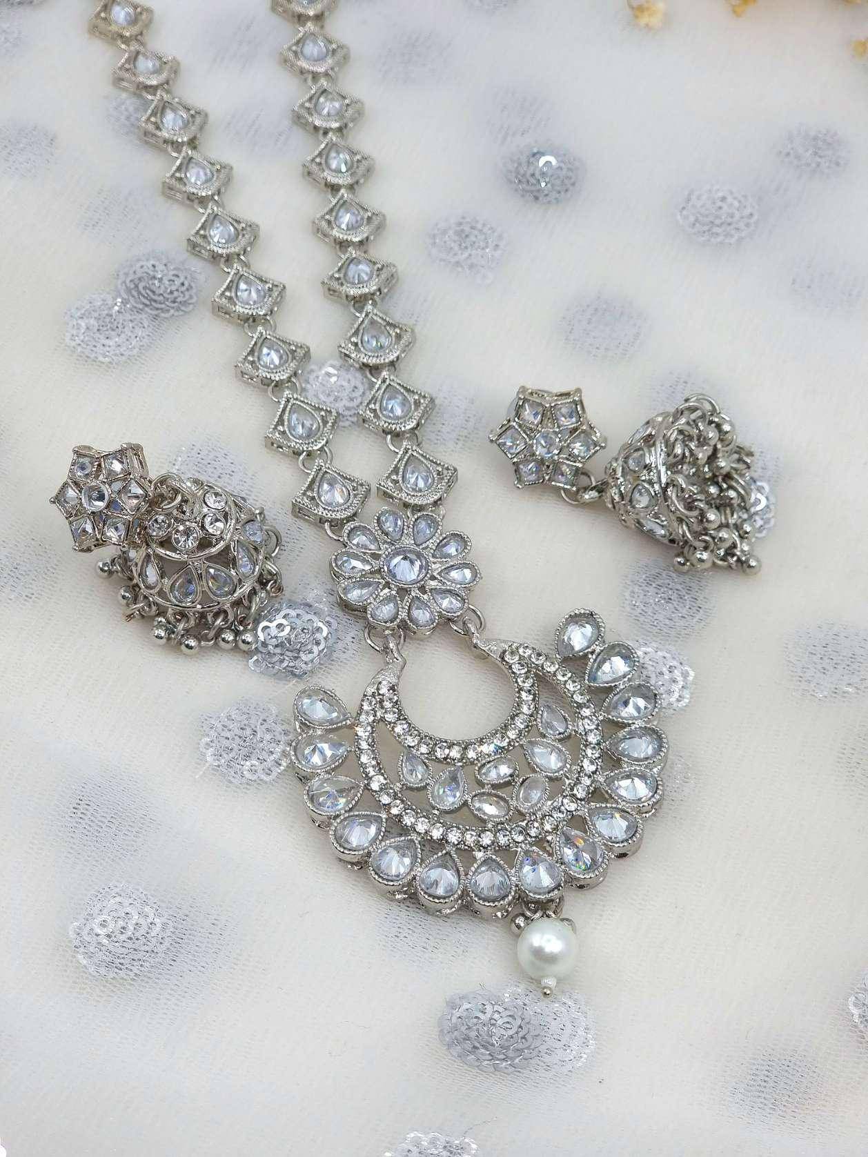 Naira Polki Mala Set Silver – long necklace | Fancy Fab Jewels UK