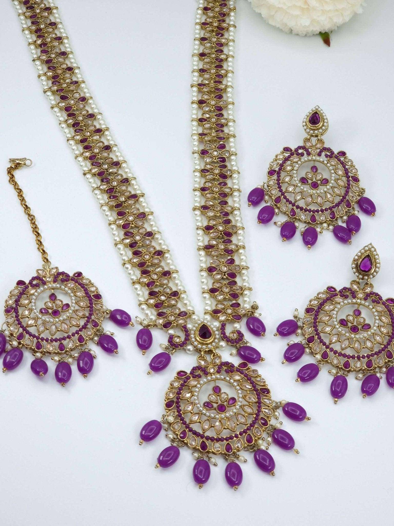 Sayema- Antique Gold Polki Stone Mala Necklace Set Purple – long necklace | Fancy Fab Jewels UK
