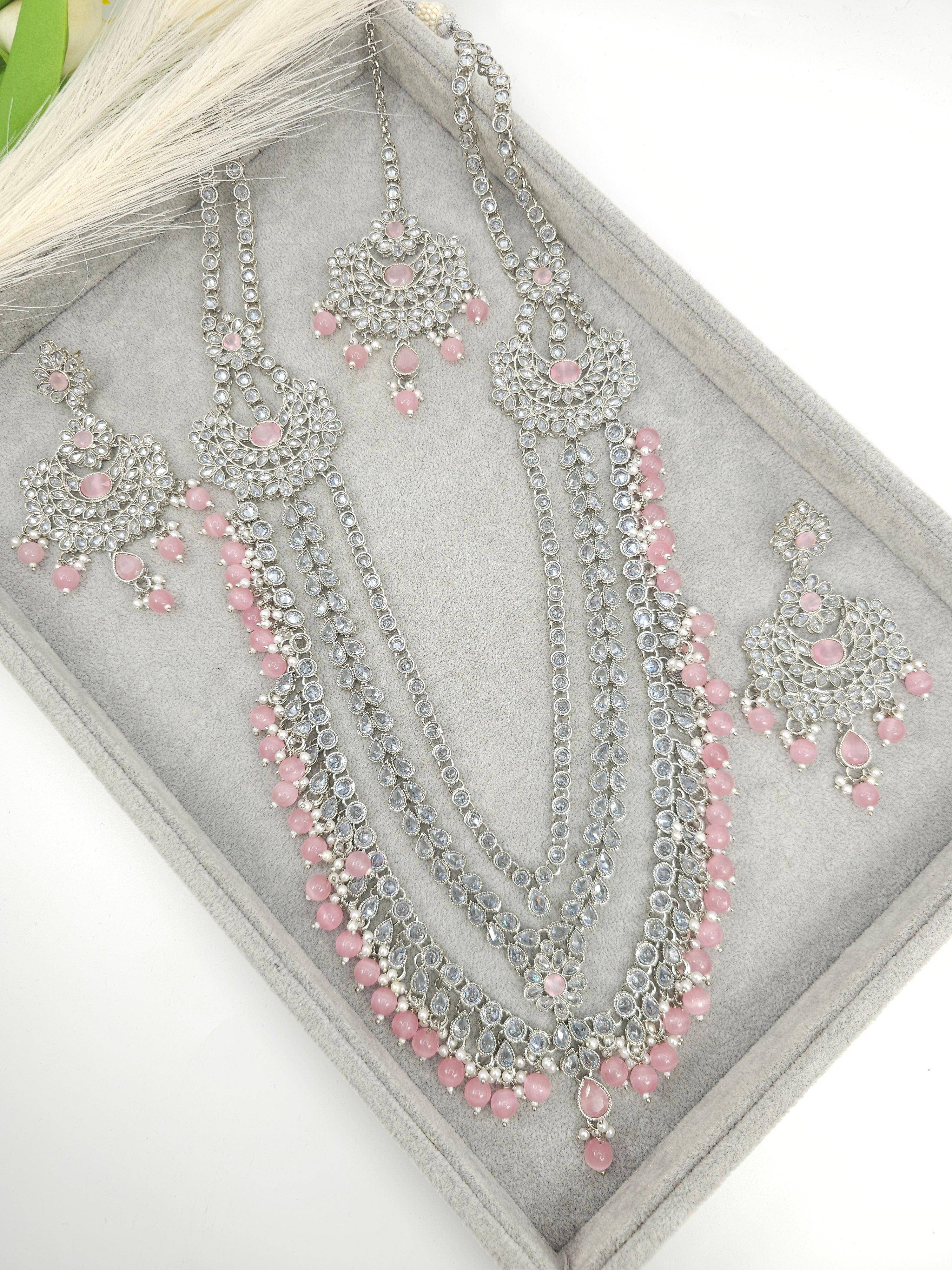 Umera Polki Rani Haar Set - Silver Pink – long necklace | Fancy Fab Jewels UK
