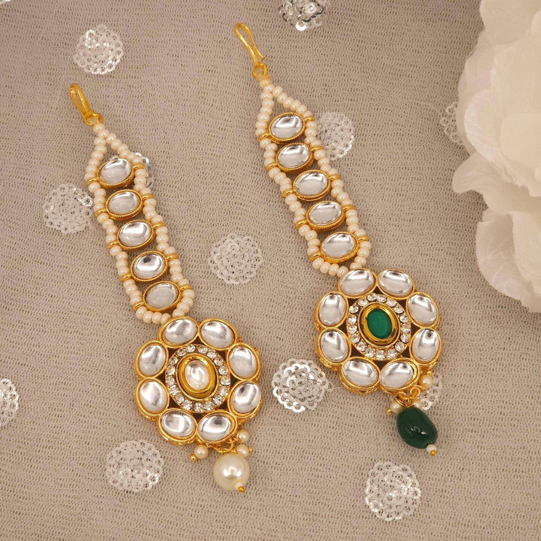 Amirah Gold Plated Kundan Beaded Maang Tikka -Green – Mangtikka | Fancy Fab Jewels UK