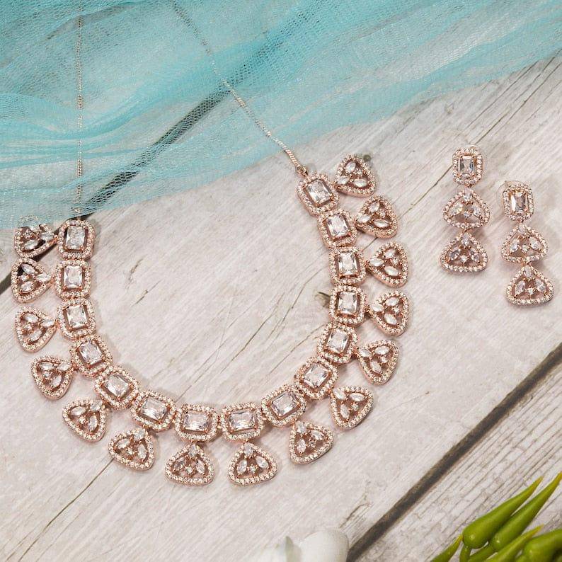 Hania- Rose Gold American Diamond CZ Necklace set – Nacklace | Fancy Fab Jewels UK