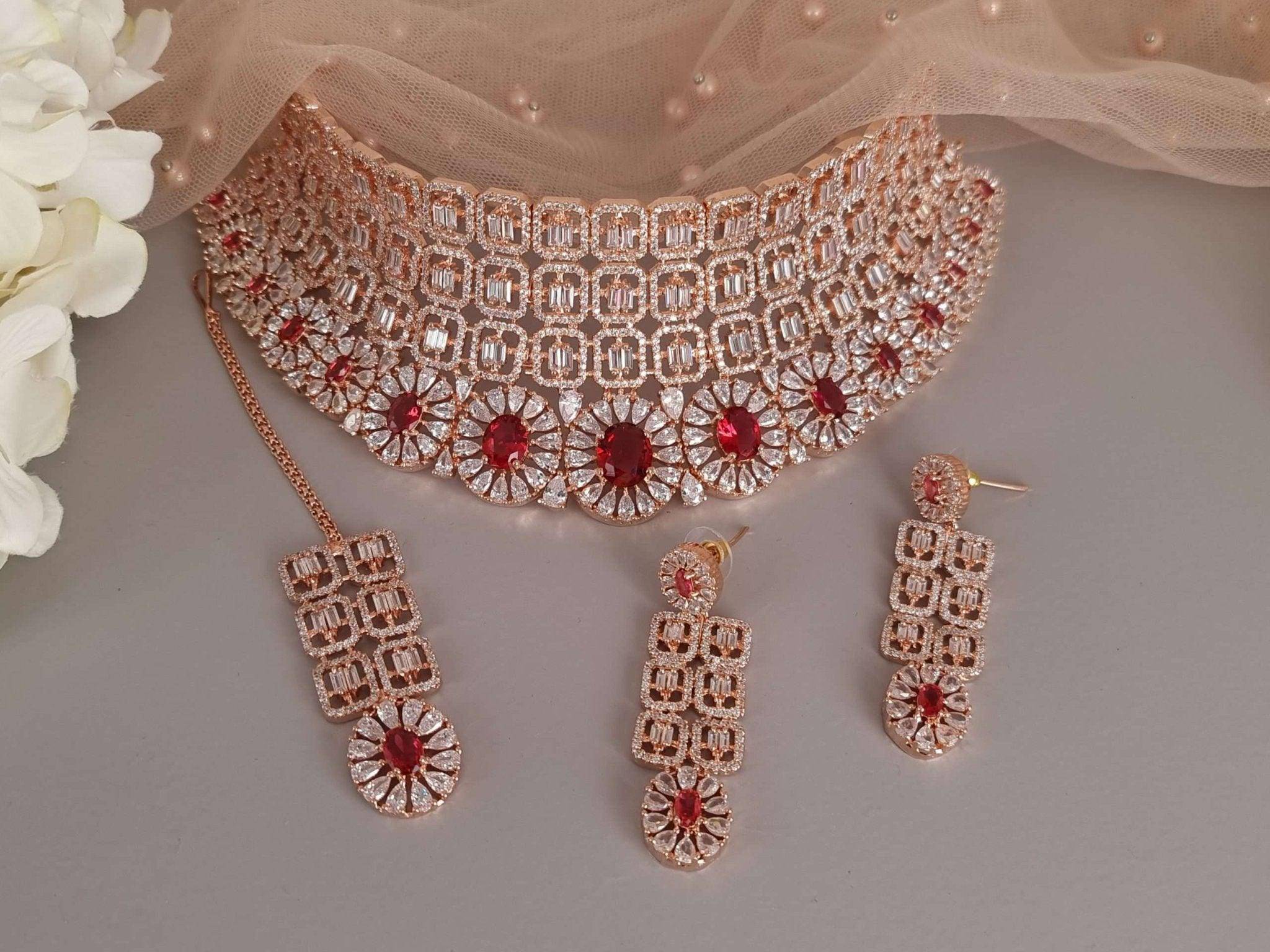 Mumtaz Bridal Choker Set Ruby Red – Nacklace | Fancy Fab Jewels UK