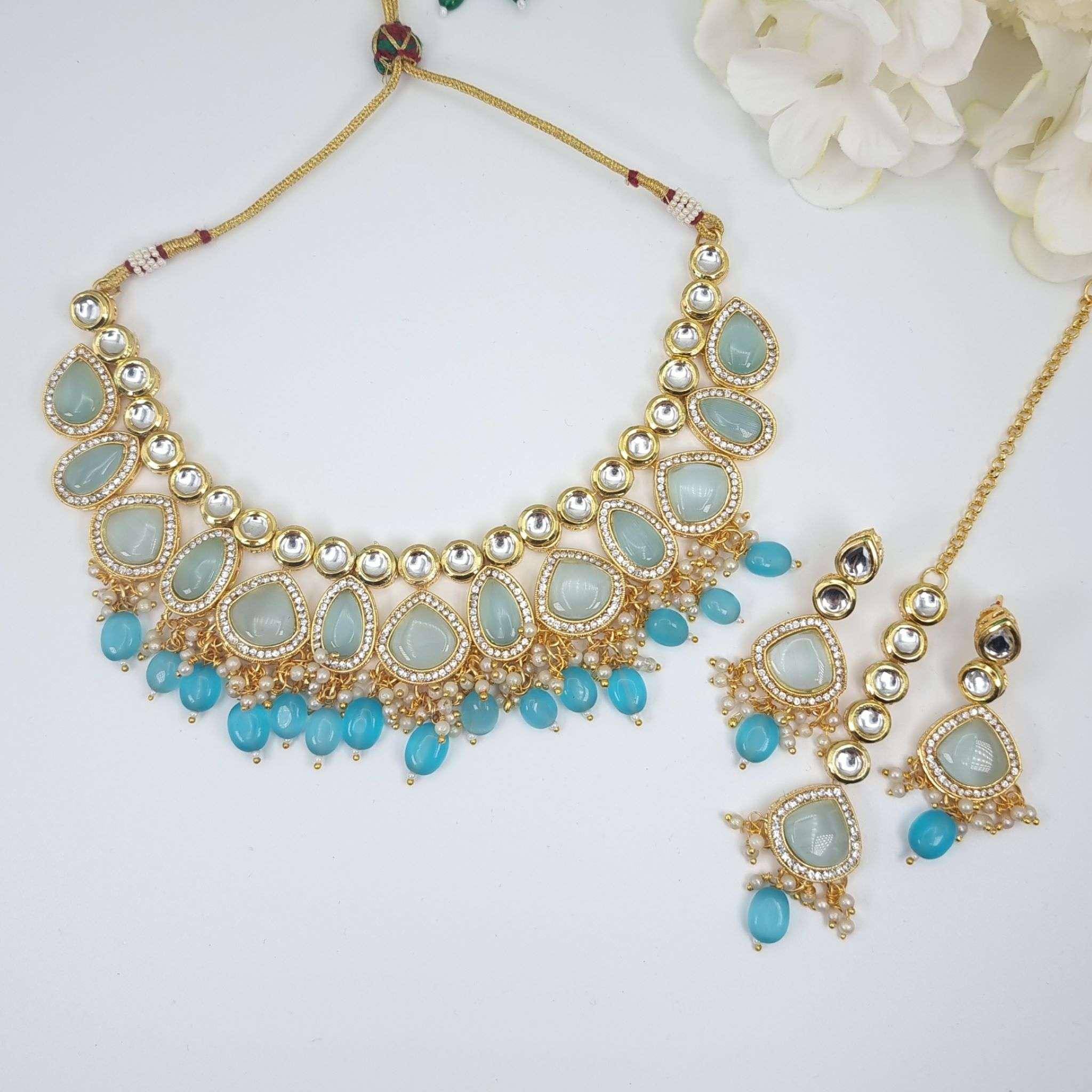 Nimra Kundan Necklace Set Blue – Nacklace | Fancy Fab Jewels UK