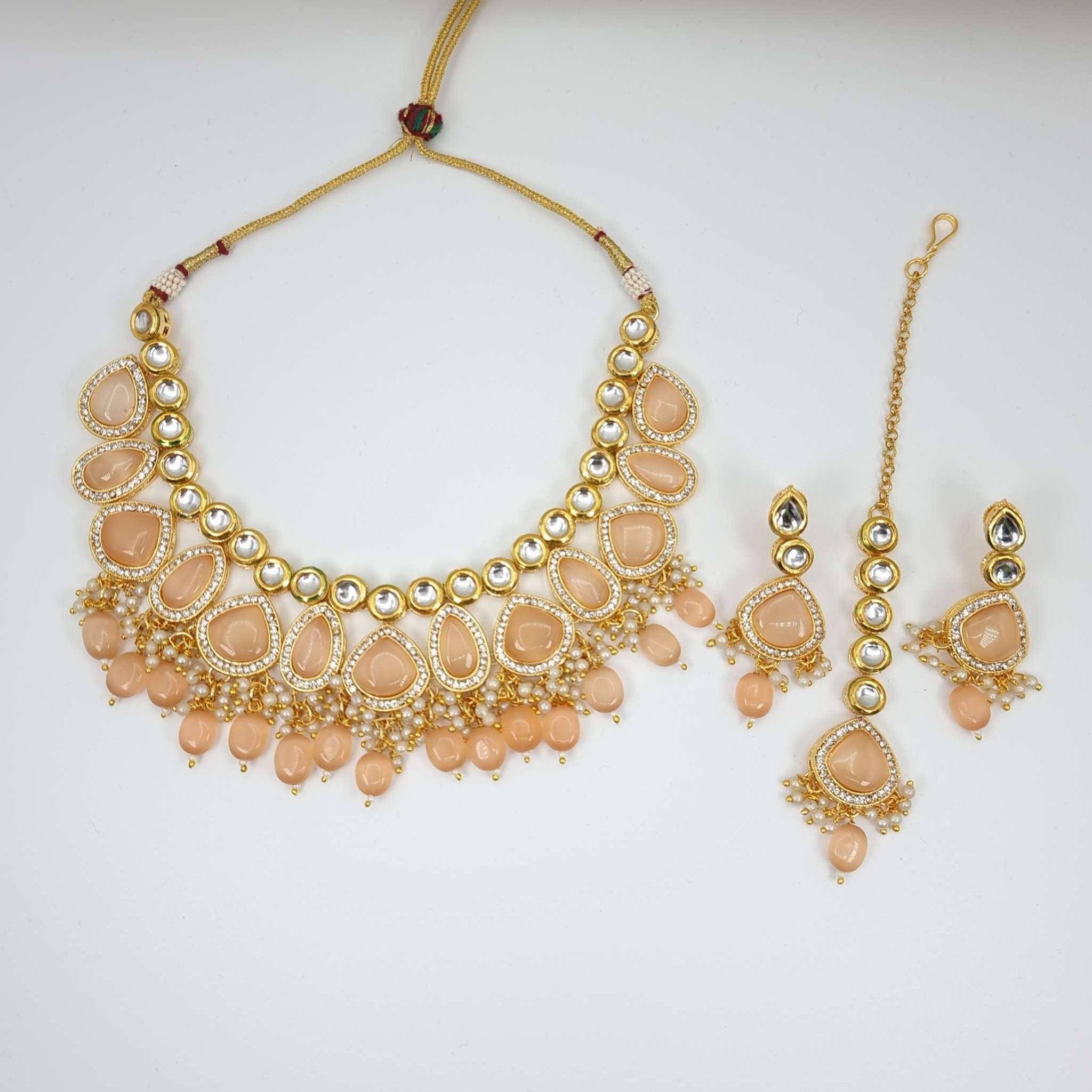 Nimra Kundan Necklace Set Peach – Nacklace | Fancy Fab Jewels UK