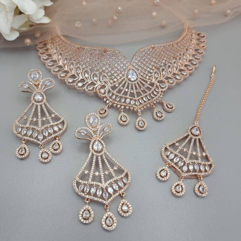Harleen Rose Gold CZ Choker Necklace set – Necklace | Fancy Fab Jewels UK