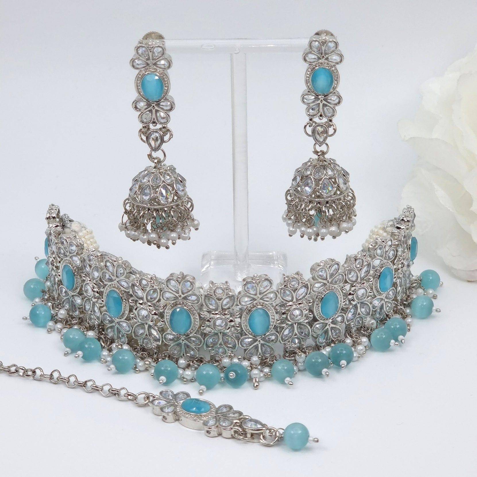 Husna - Silver Polki Choker Necklace - Blue – Necklace | Fancy Fab Jewels UK