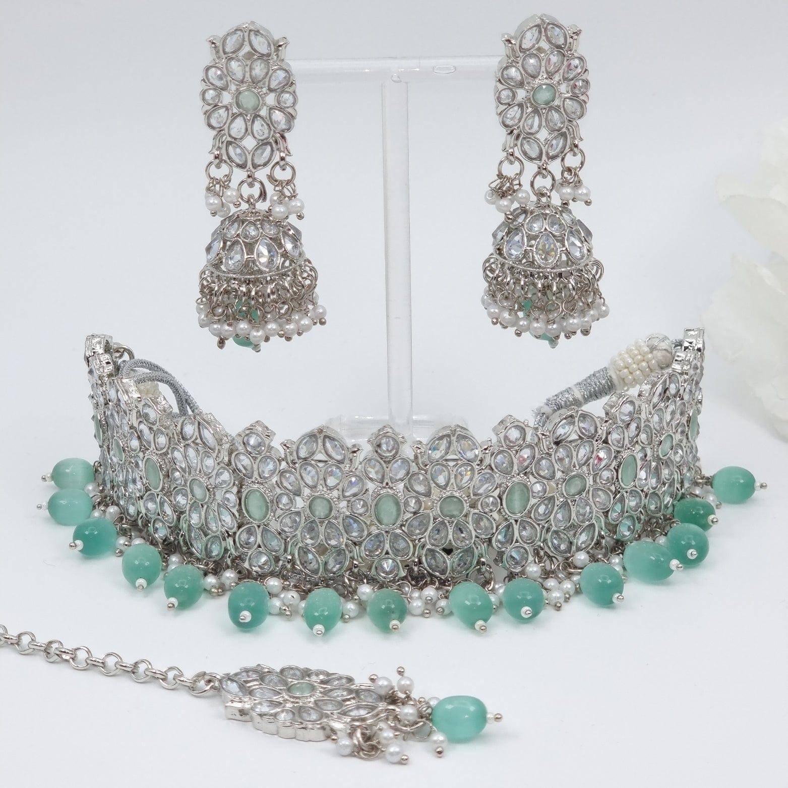 Husna - Silver Polki Choker Necklace - Mint – Necklace | Fancy Fab Jewels UK