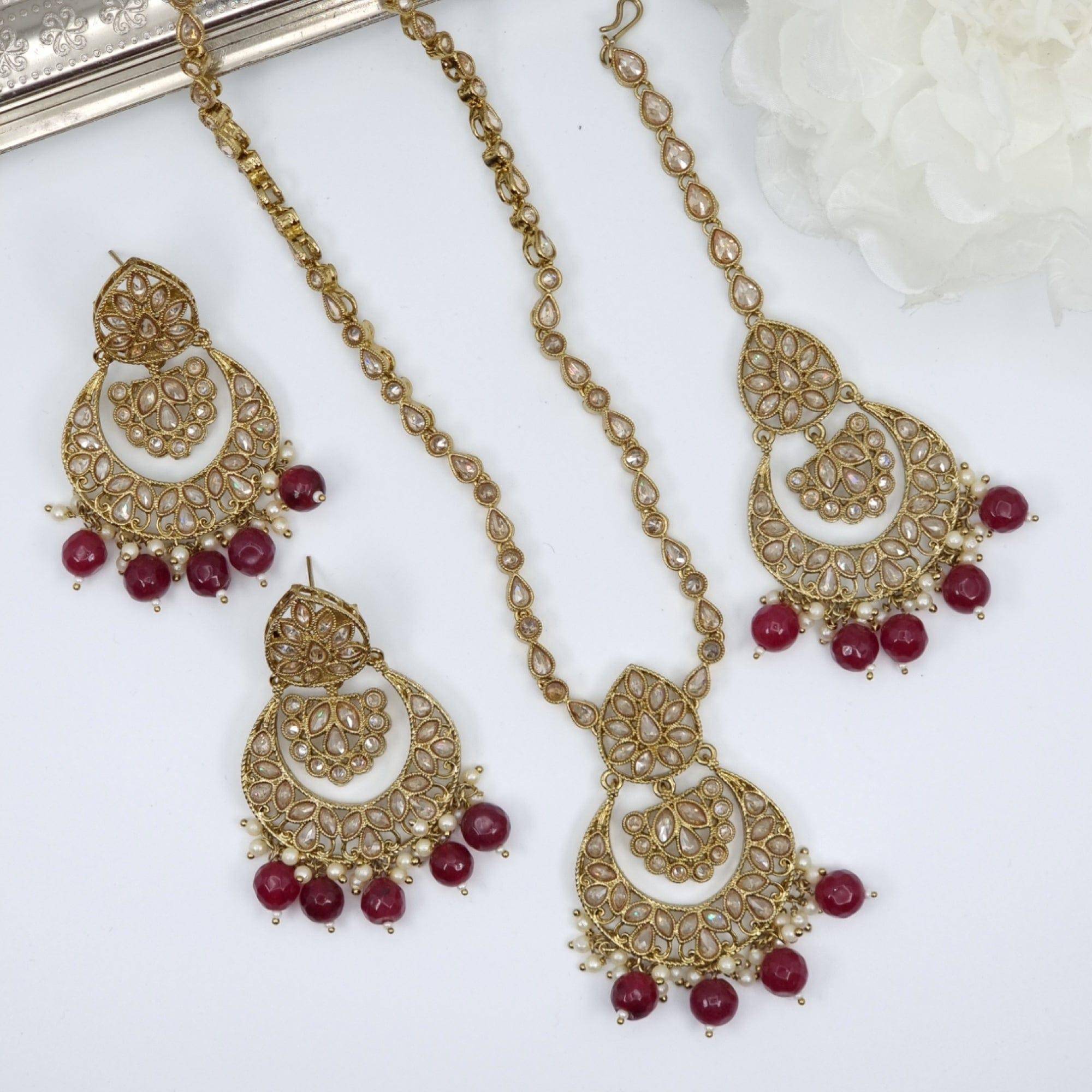 Malika Antique Gold Necklace Set - Maroon – Necklace | Fancy Fab Jewels UK
