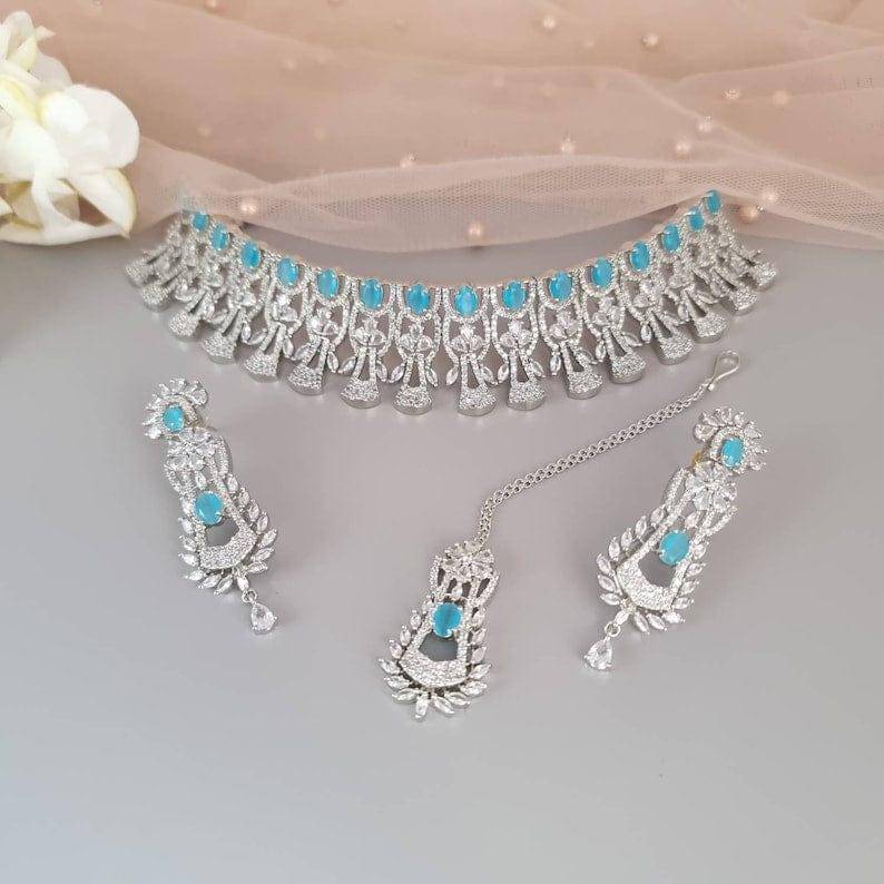 Pale Blue Silver American Diamond CZ Choker Necklace – Necklace | Fancy Fab Jewels UK