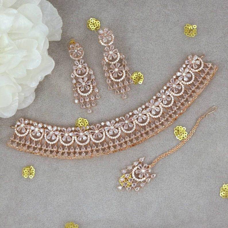 Rose Gold AD CZ Choker Necklace set – Necklace | Fancy Fab Jewels UK