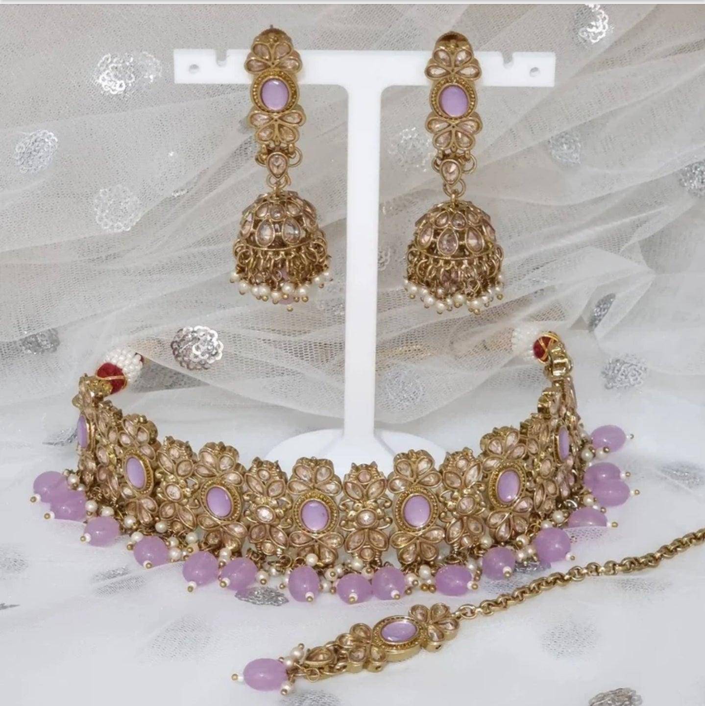 Husna - Polki Choker Necklace Set - Lilac – Necklace | Fancy Fab Jewels UK