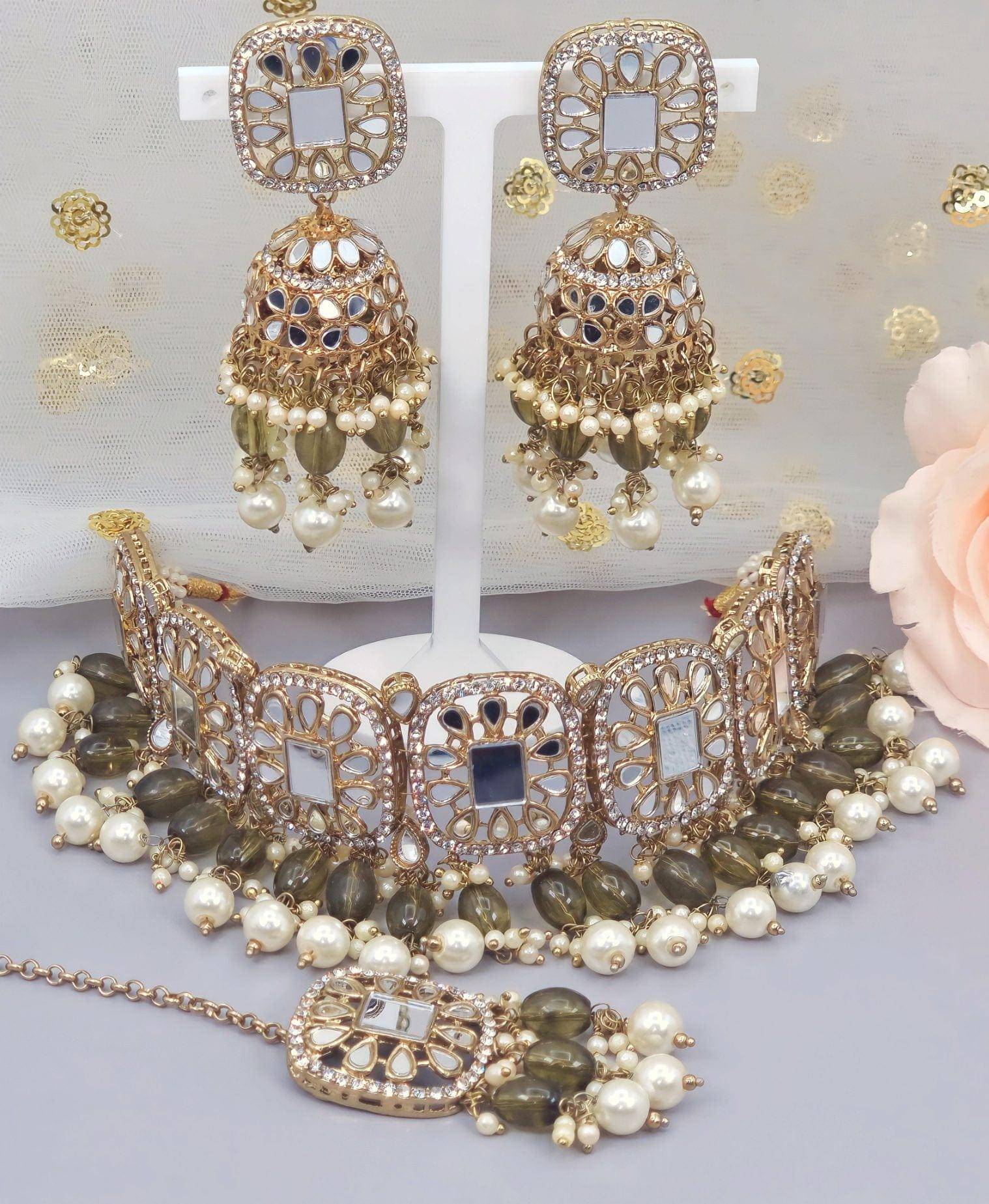 MAYA - Beautiful Antique Gold Mirrored Bridal Necklace Set – Necklace | Fancy Fab Jewels UK