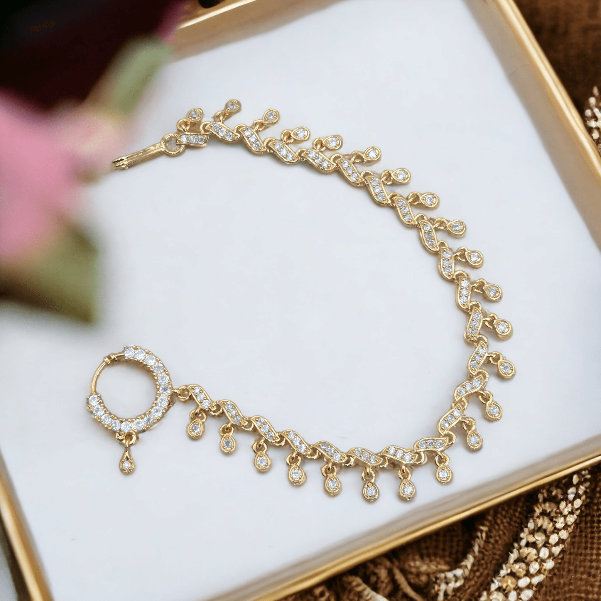 1.5 cm American diamond nose ring with chain - gold – Nose Ring | Fancy Fab Jewels UK