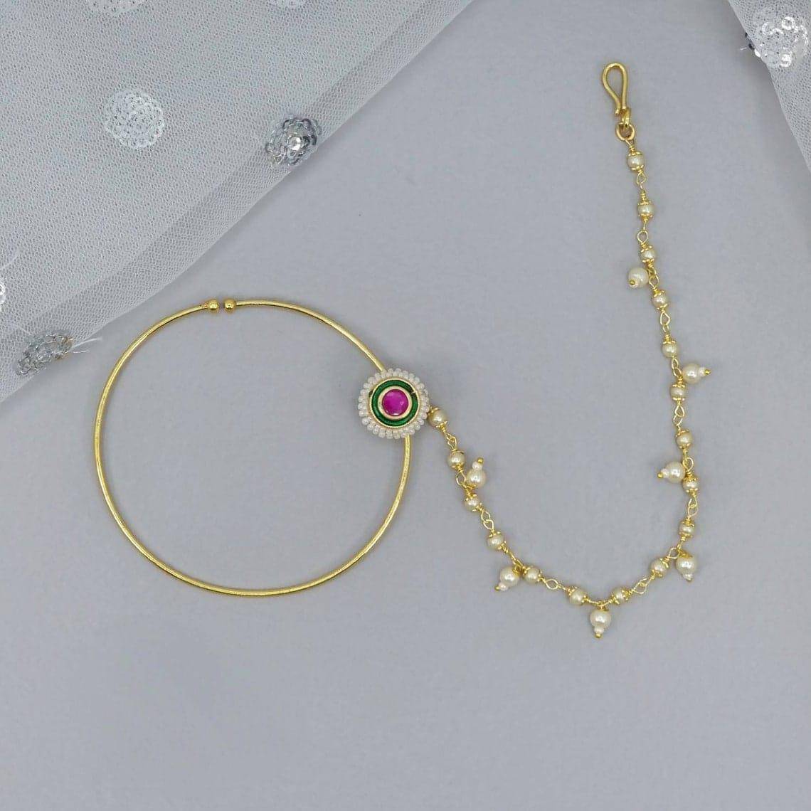 Gold plated Kundan Bridal Nose Ring with chain – Nose Ring | Fancy Fab Jewels UK