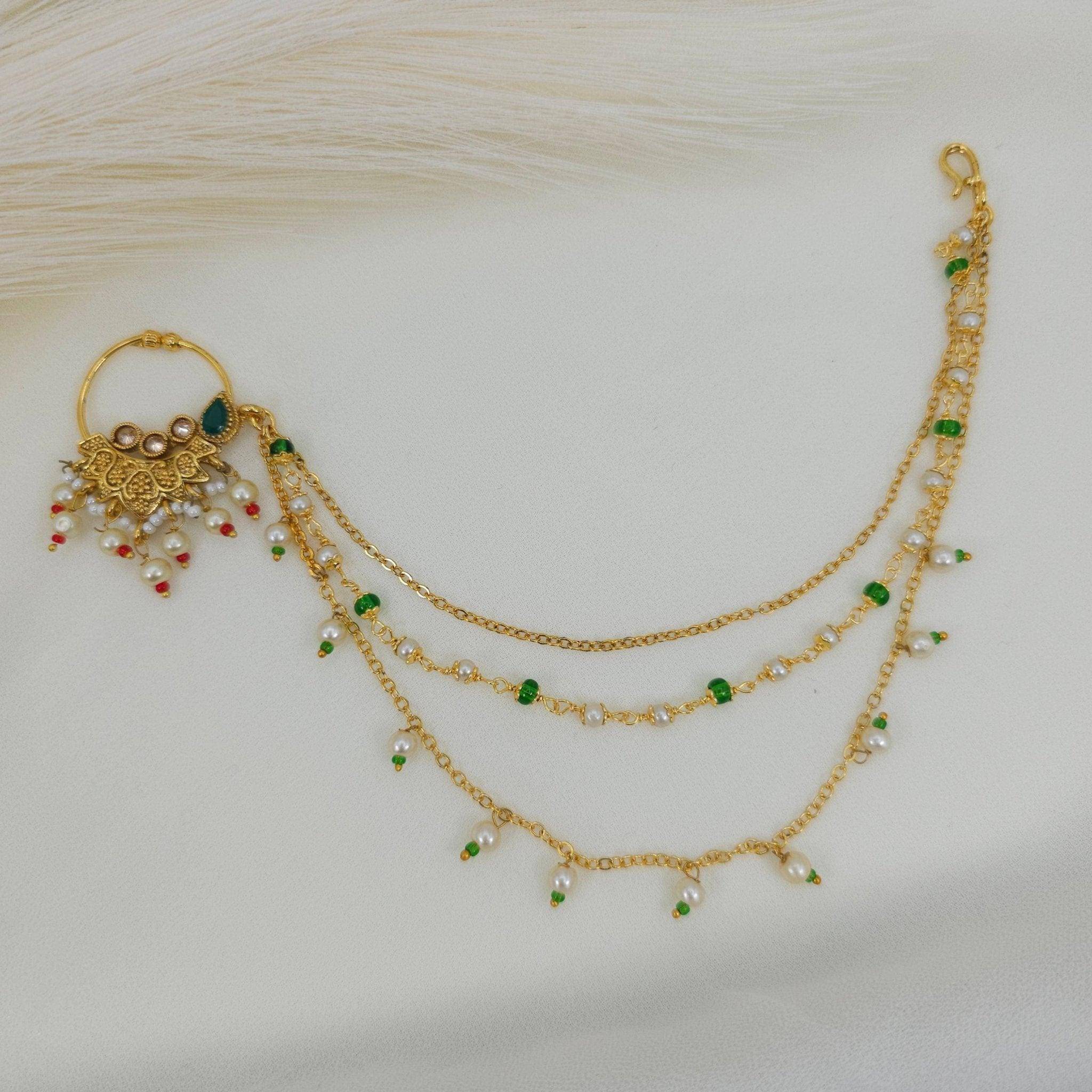 Anu 2cm Gold plated Kundan Bridal Nose Ring with triple chain – Nose Ring | Fancy Fab Jewels UK