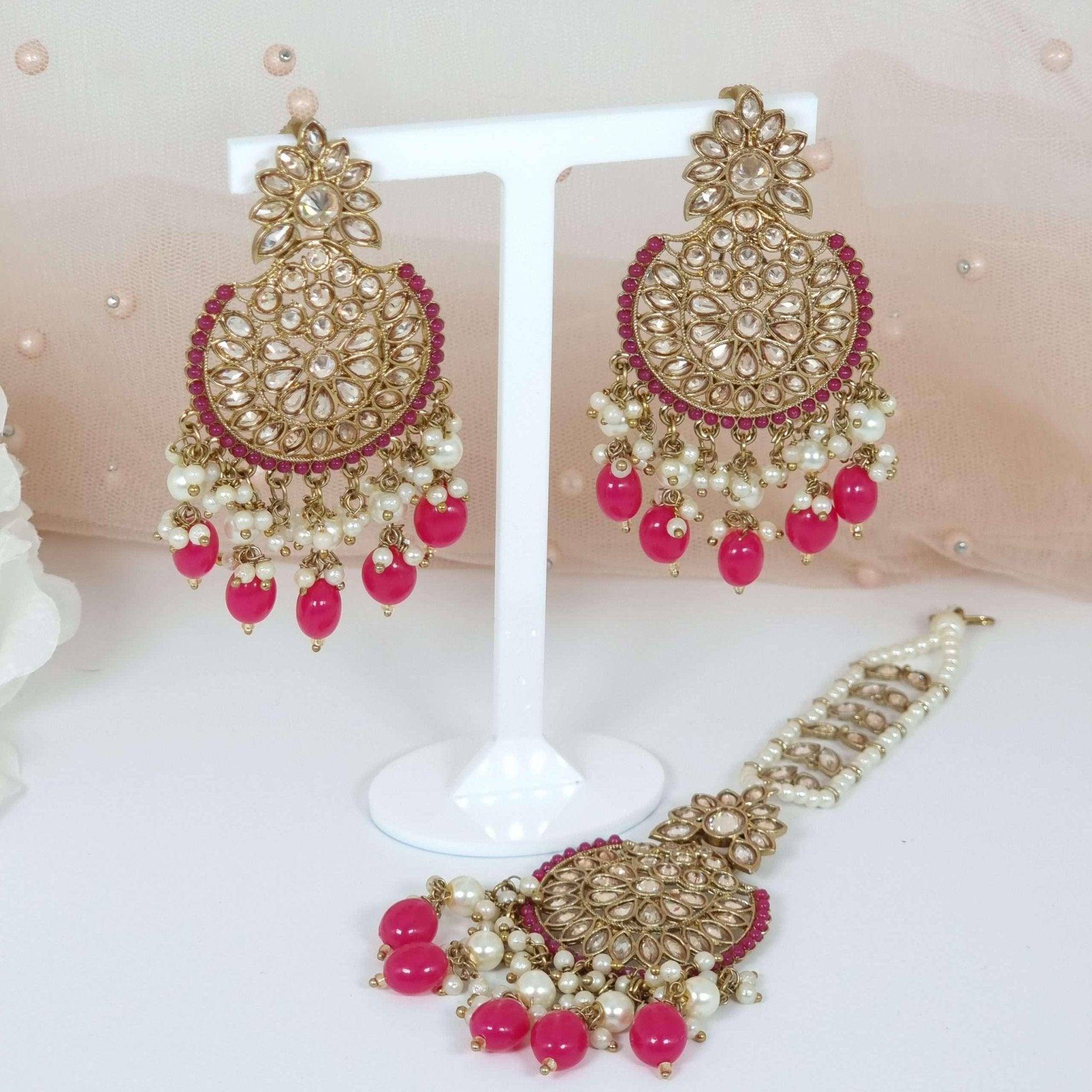 Antique Gold Polki Pearl Earrings Tikka Set – Tikka set | Fancy Fab Jewels UK