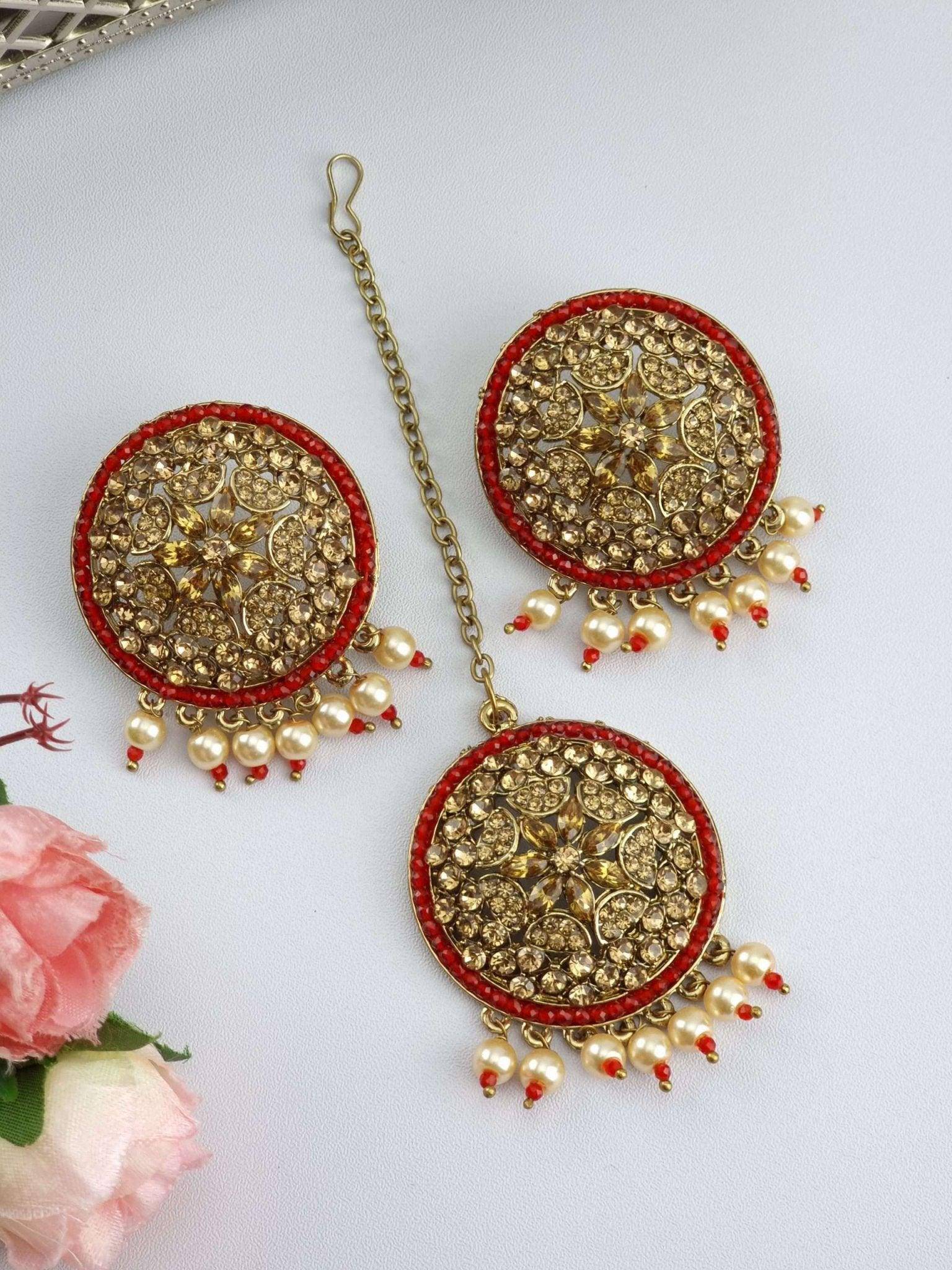 Polki Pearl intricate Stud Earrings Tikka Set – Tikka set | Fancy Fab Jewels UK