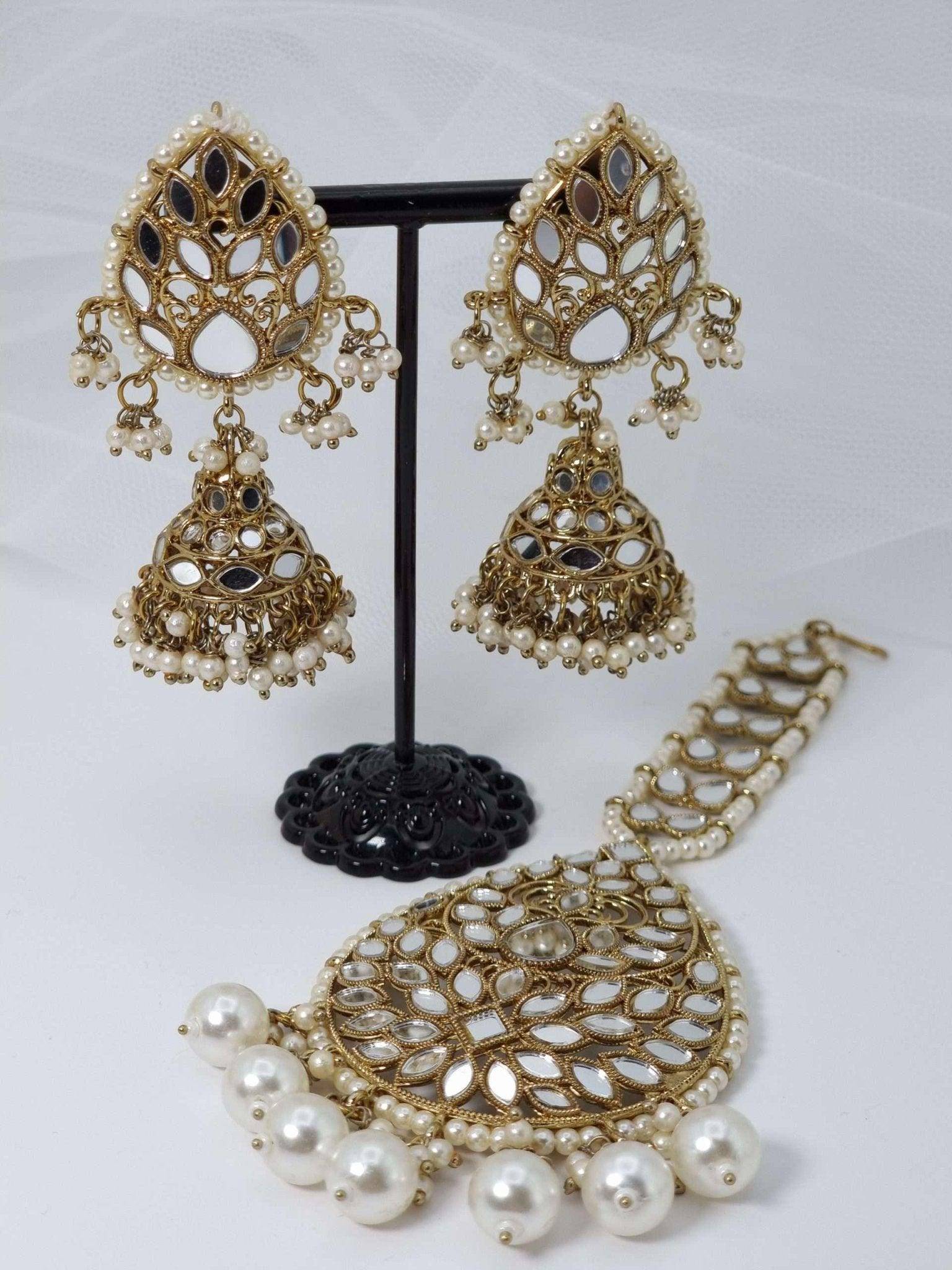 Antique Gold Mirror Jhumki with Oversize Tikka Set – Tikka set | Fancy Fab Jewels UK