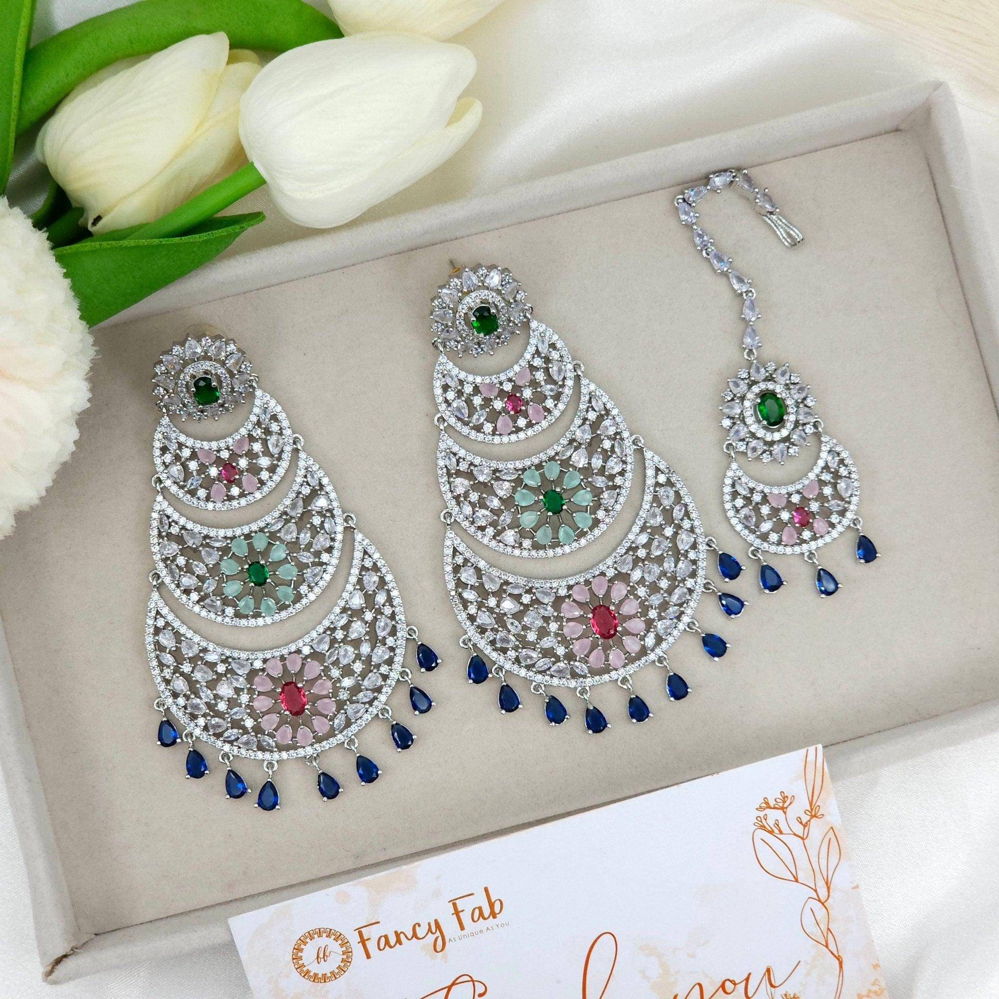 Haani American Diamond Large Earrings Tikka Set – Tikka set | Fancy Fab Jewels UK